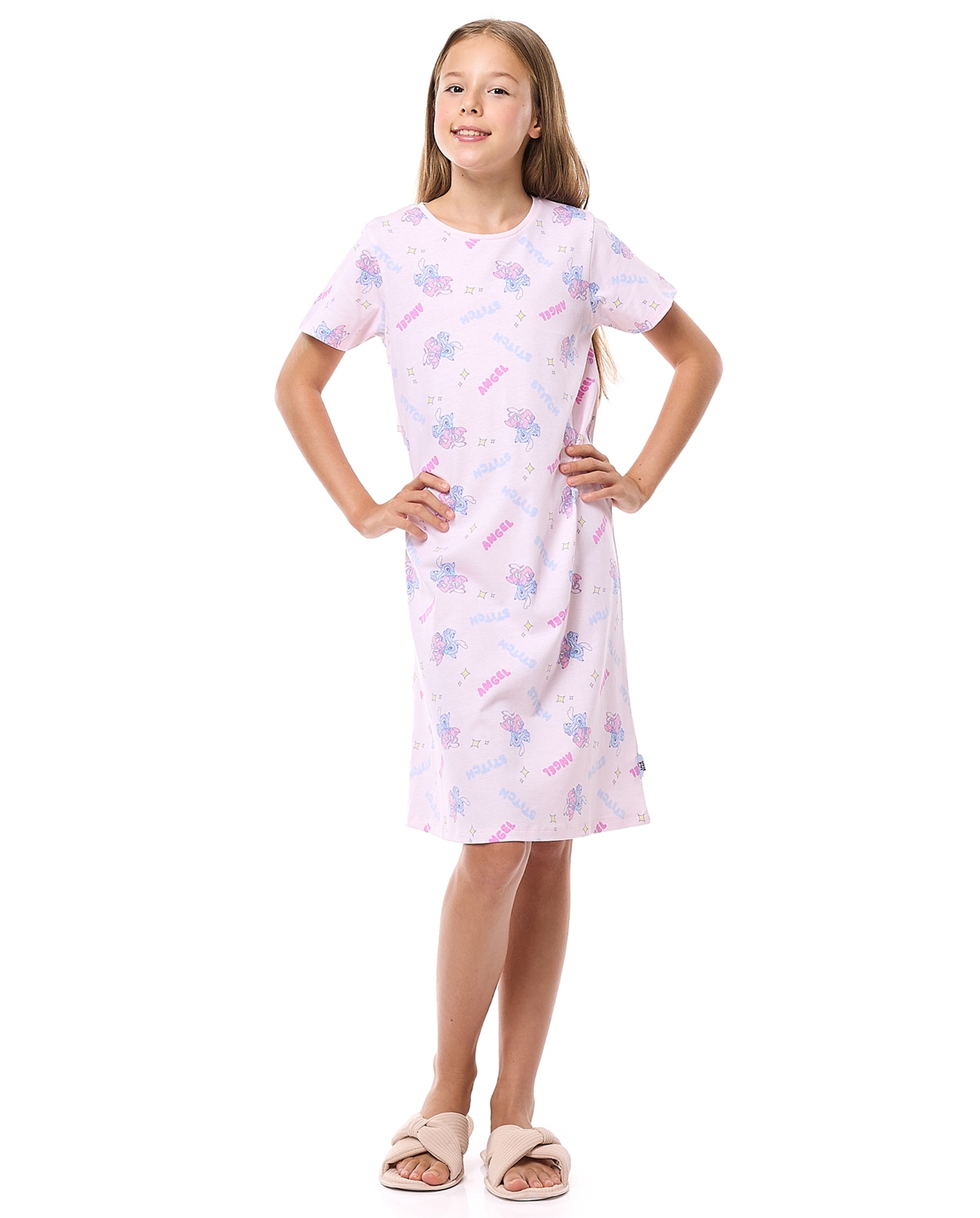 Printed Nightdress with Crew Neck and Short Sleeves