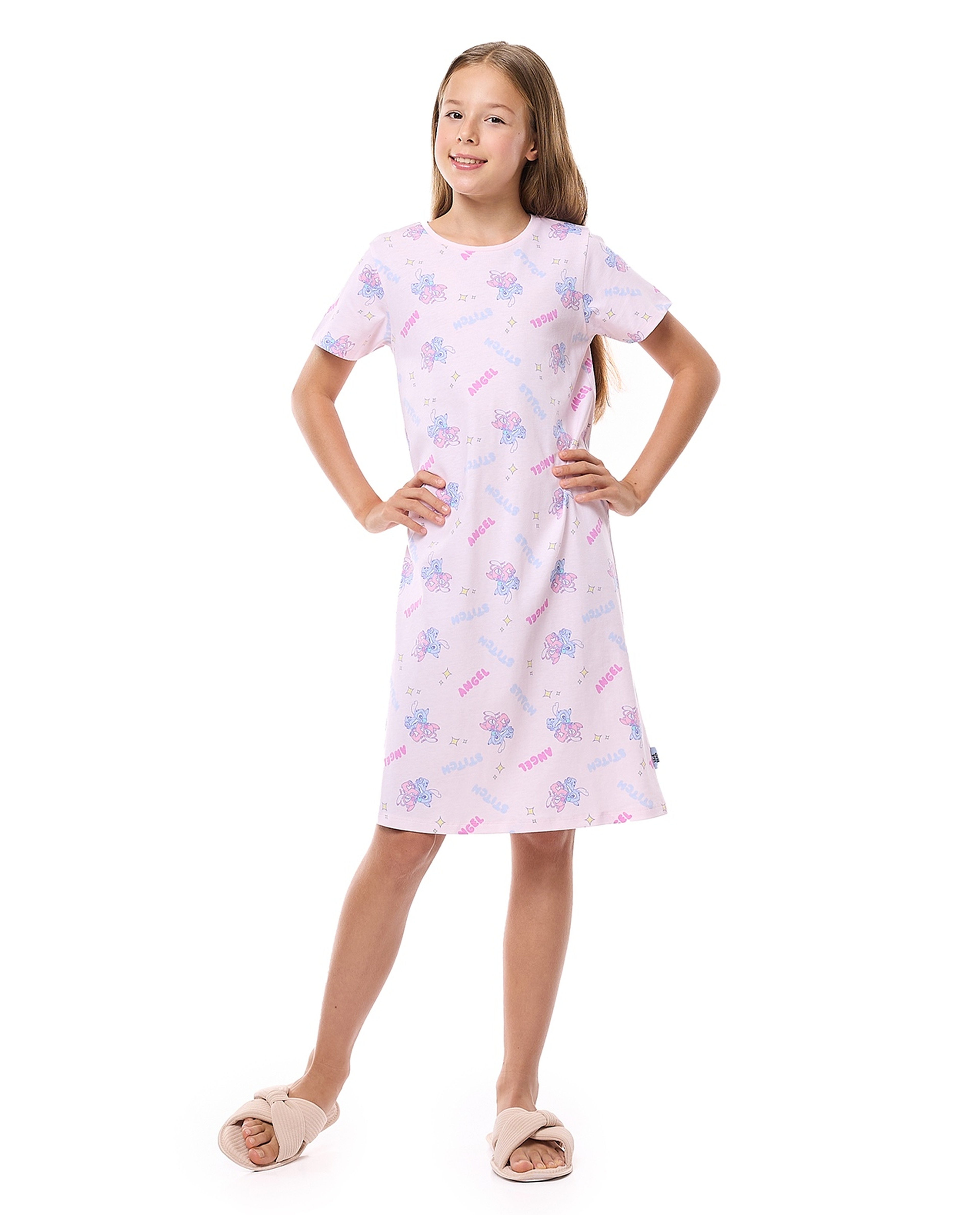 Printed Nightdress with Crew Neck and Short Sleeves