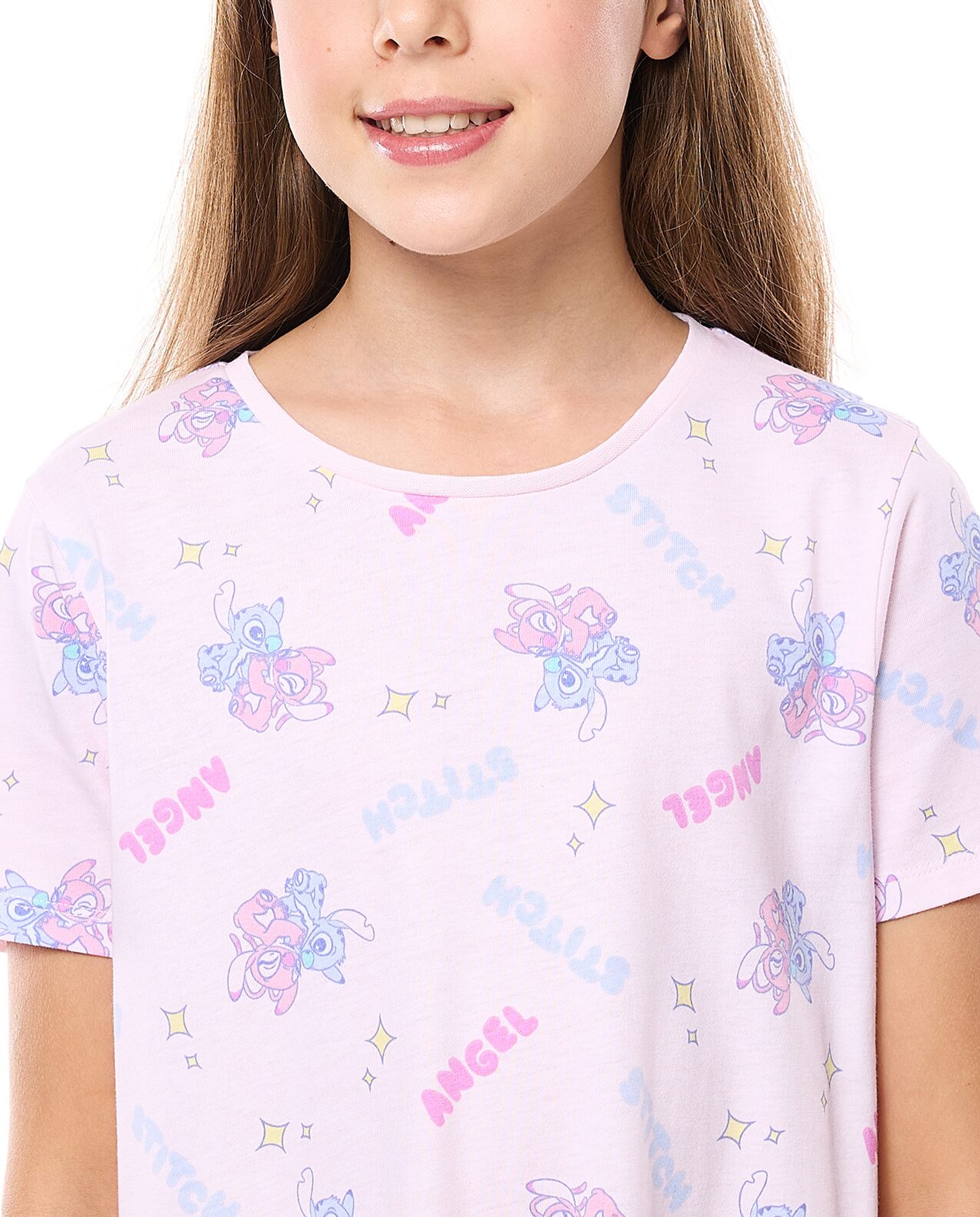 Printed Nightdress with Crew Neck and Short Sleeves