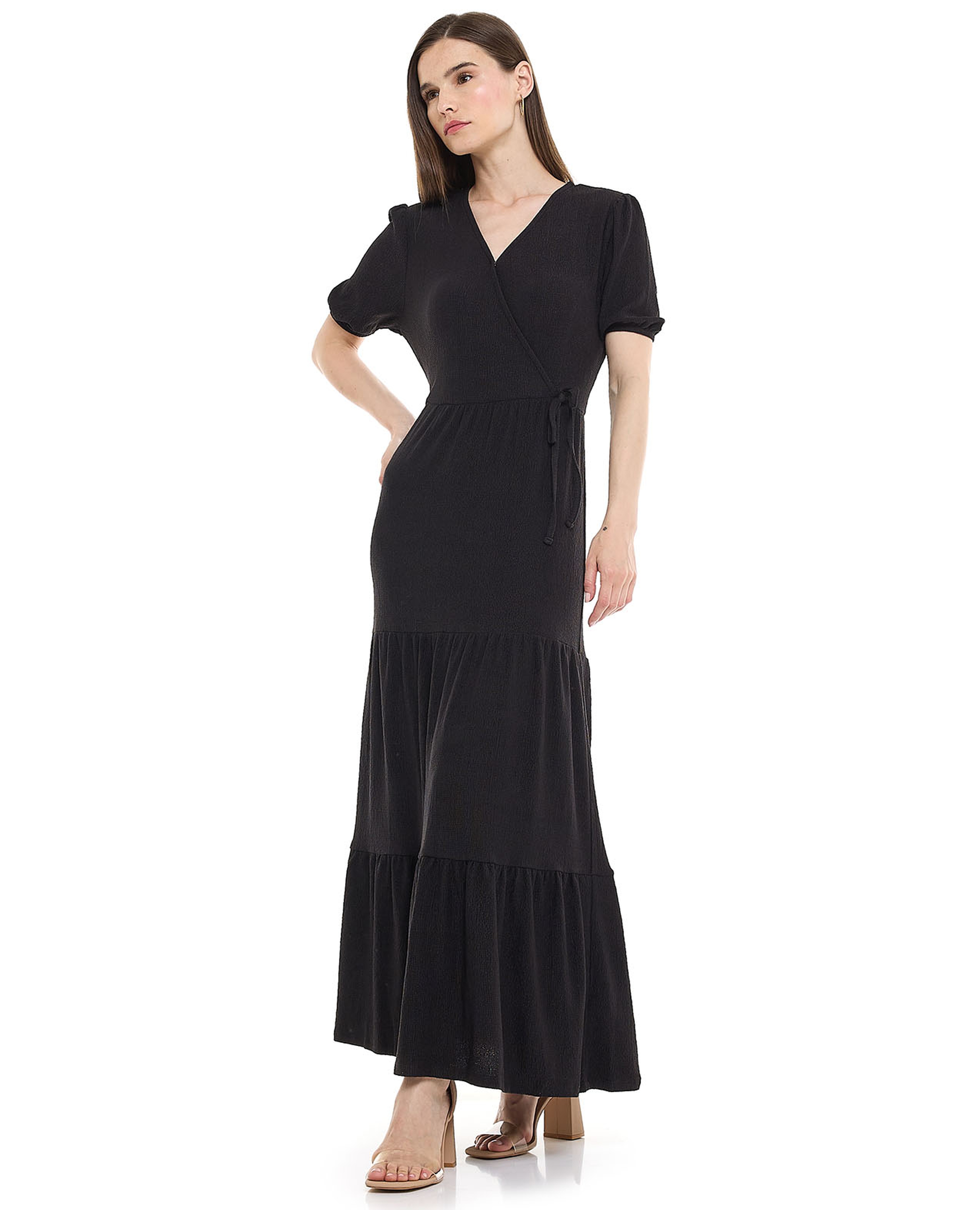 Solid Tiered Dress with V-Neck and Puff Sleeves
