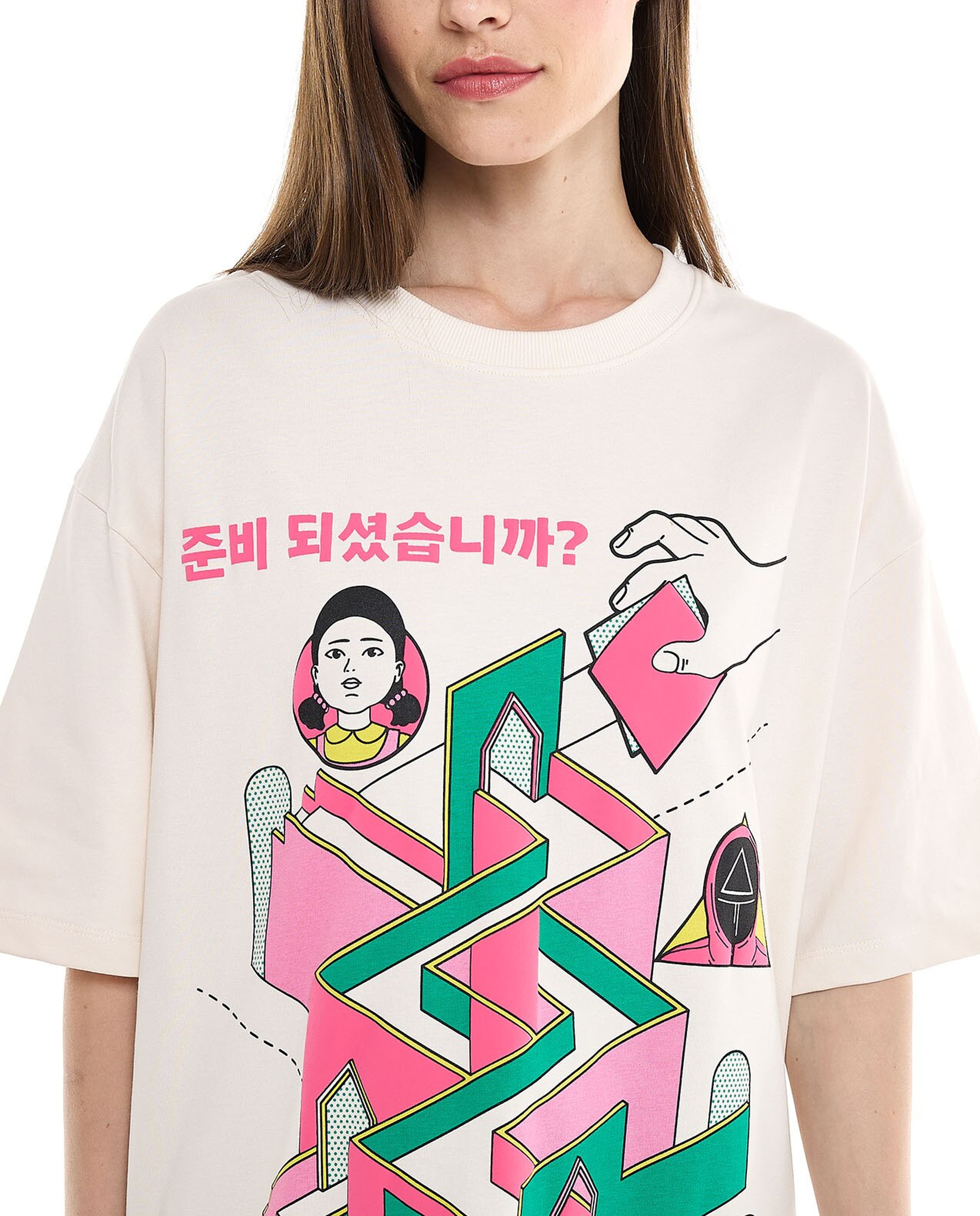 Graphic Print Oversized T-Shirt with Crew Neck and Short Sleeves