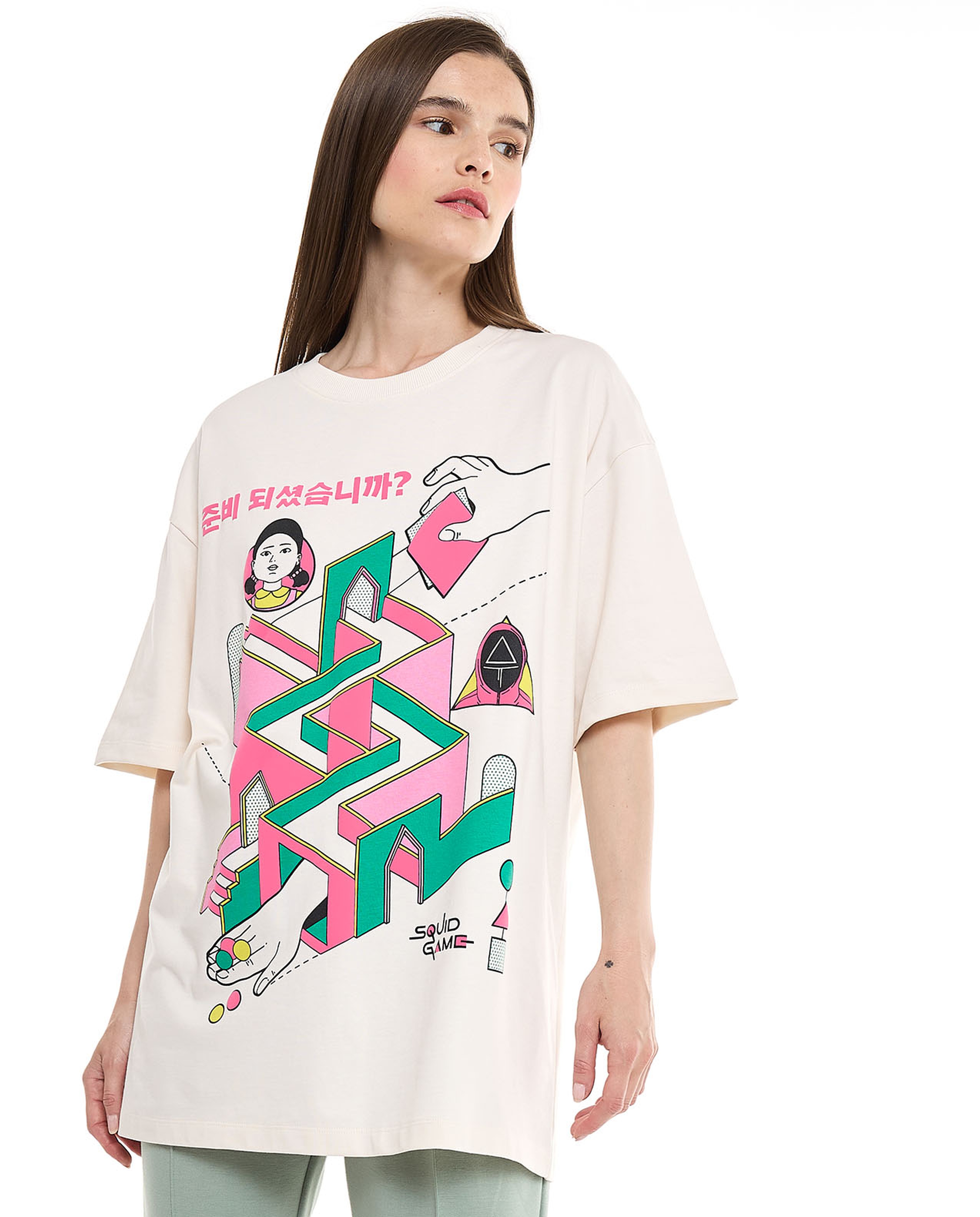 Graphic Print Oversized T-Shirt with Crew Neck and Short Sleeves