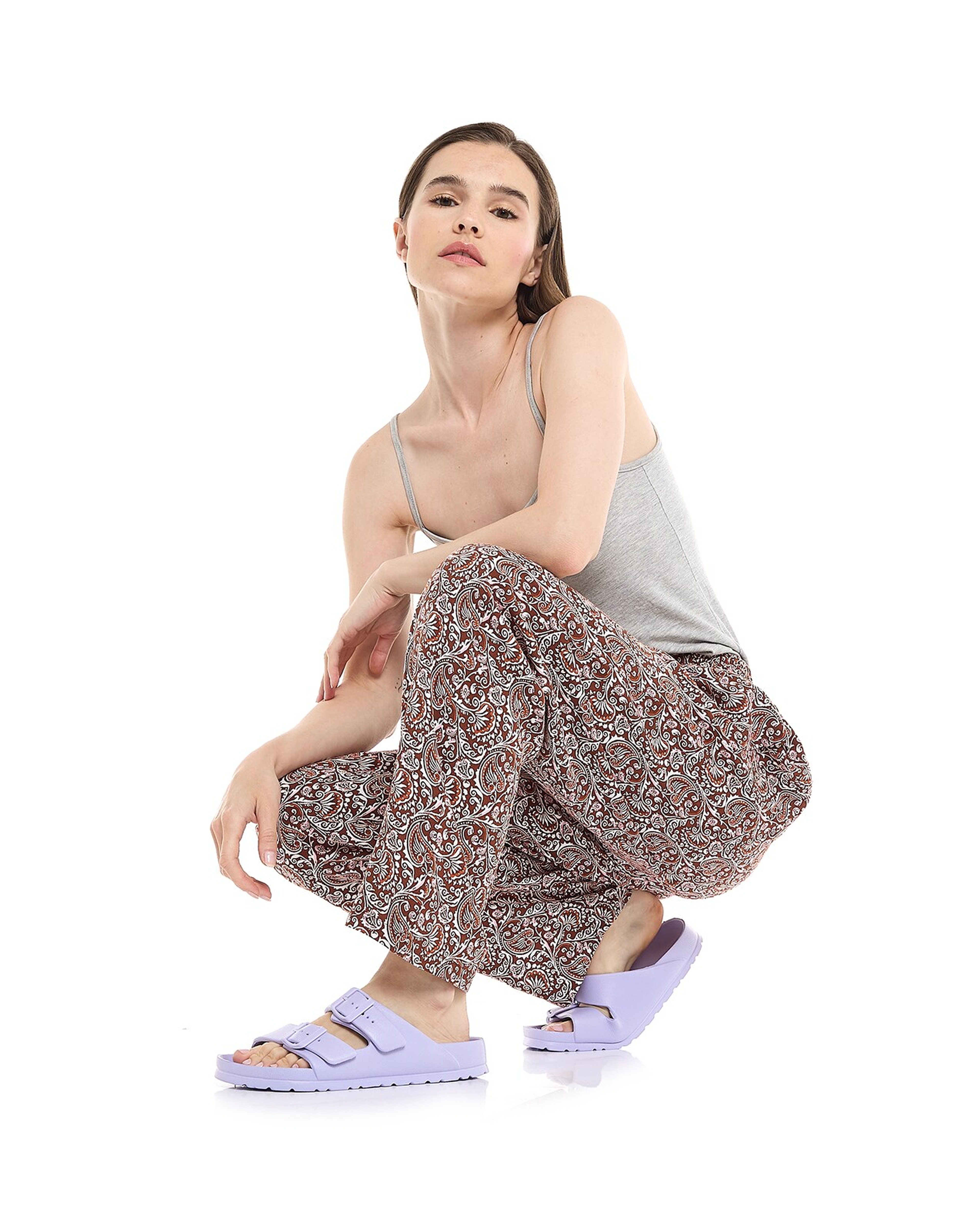 بنطال بيجاما بطبعة ورباط على الخصر