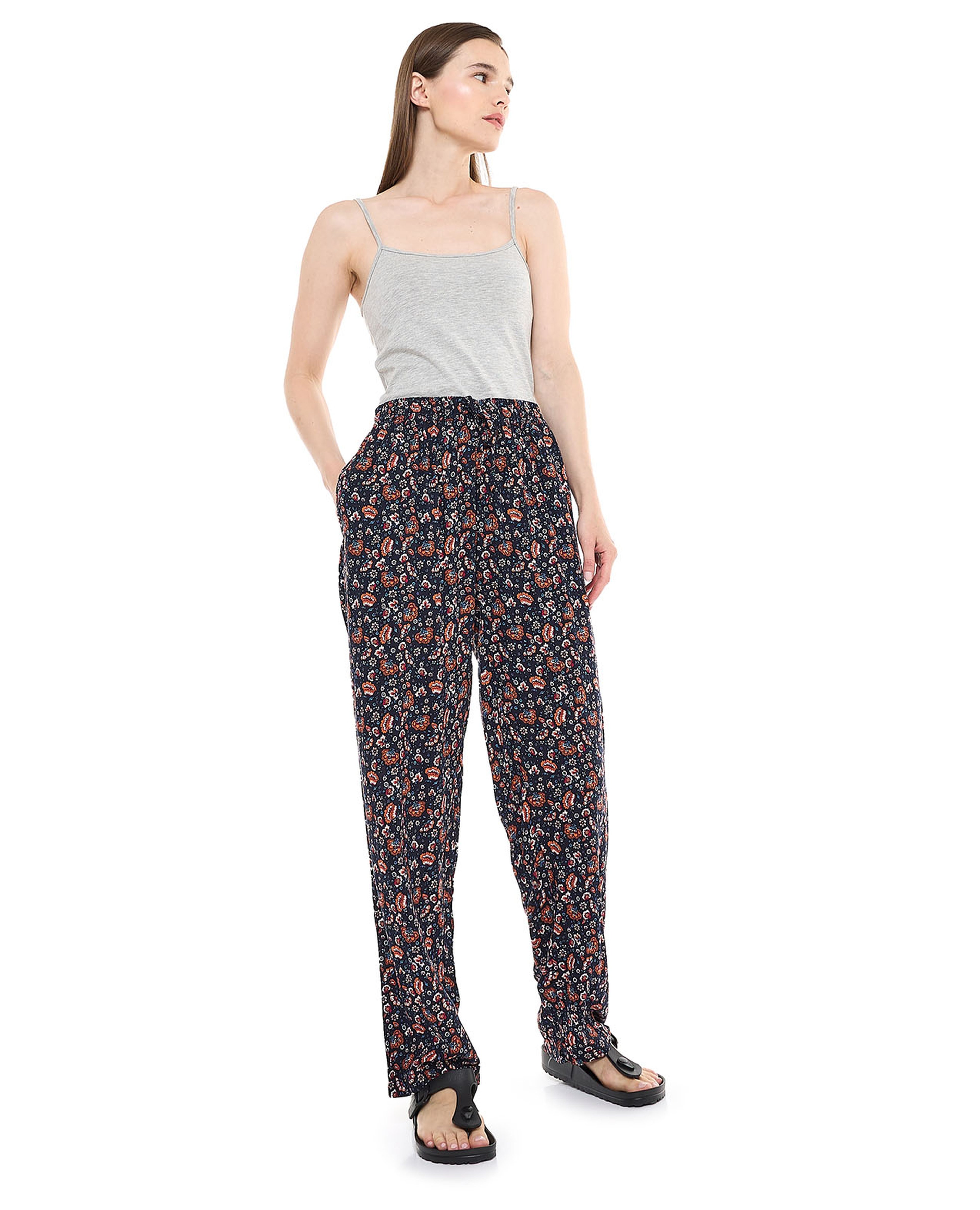 بنطال بيجاما بطبعة ورباط على الخصر