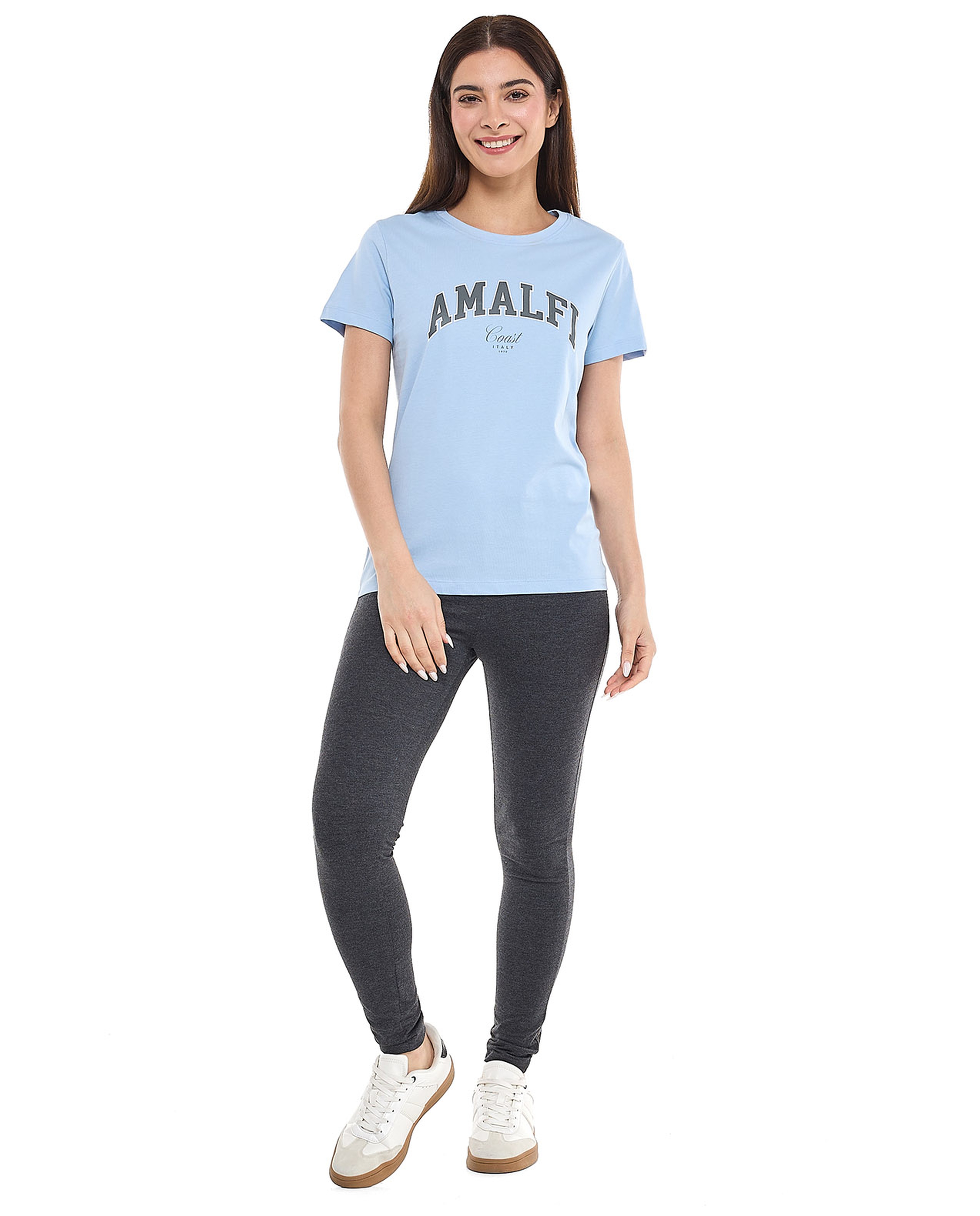 Typography Print T-Shirt with Crew Neck and Short Sleeves