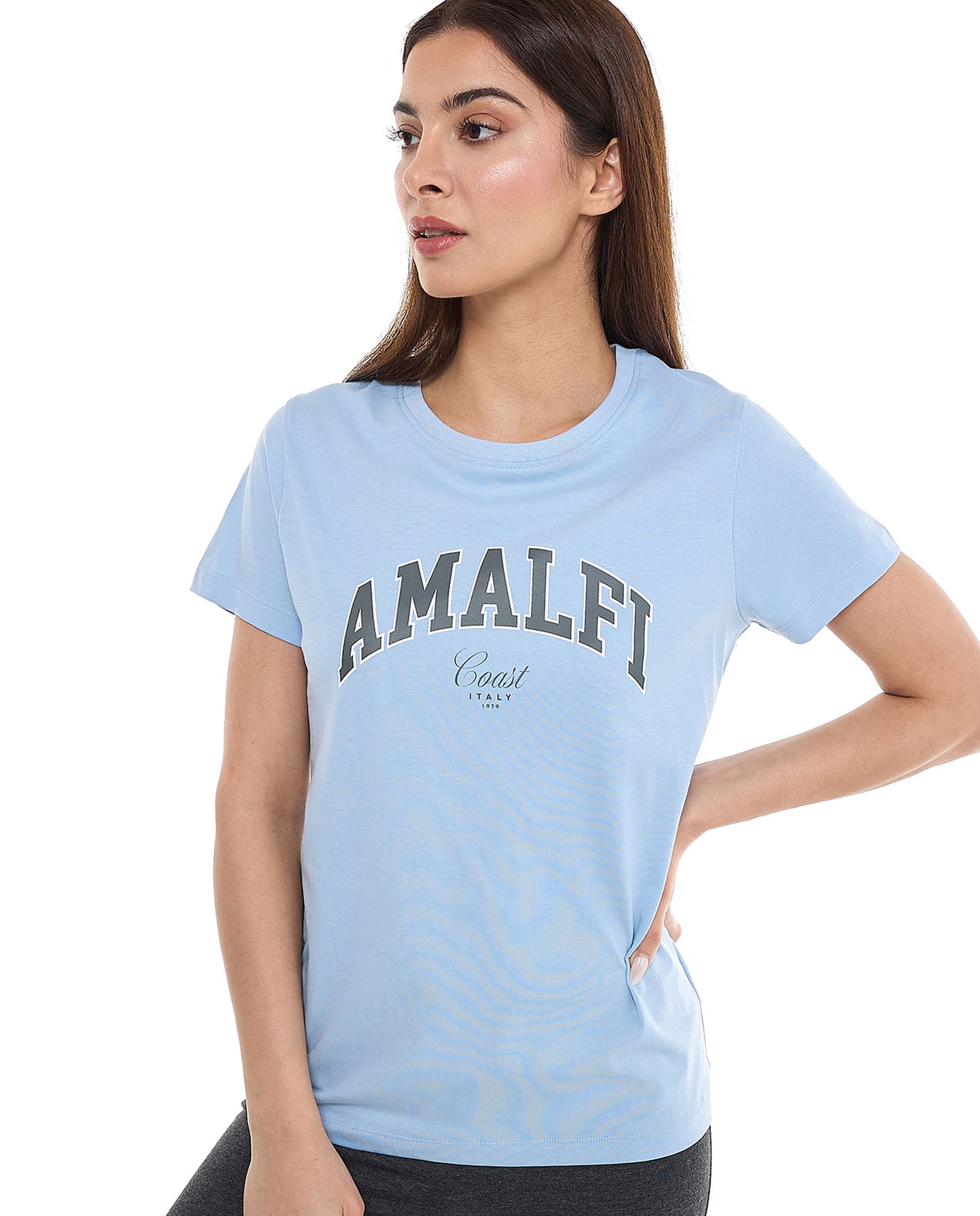 Typography Print T-Shirt with Crew Neck and Short Sleeves