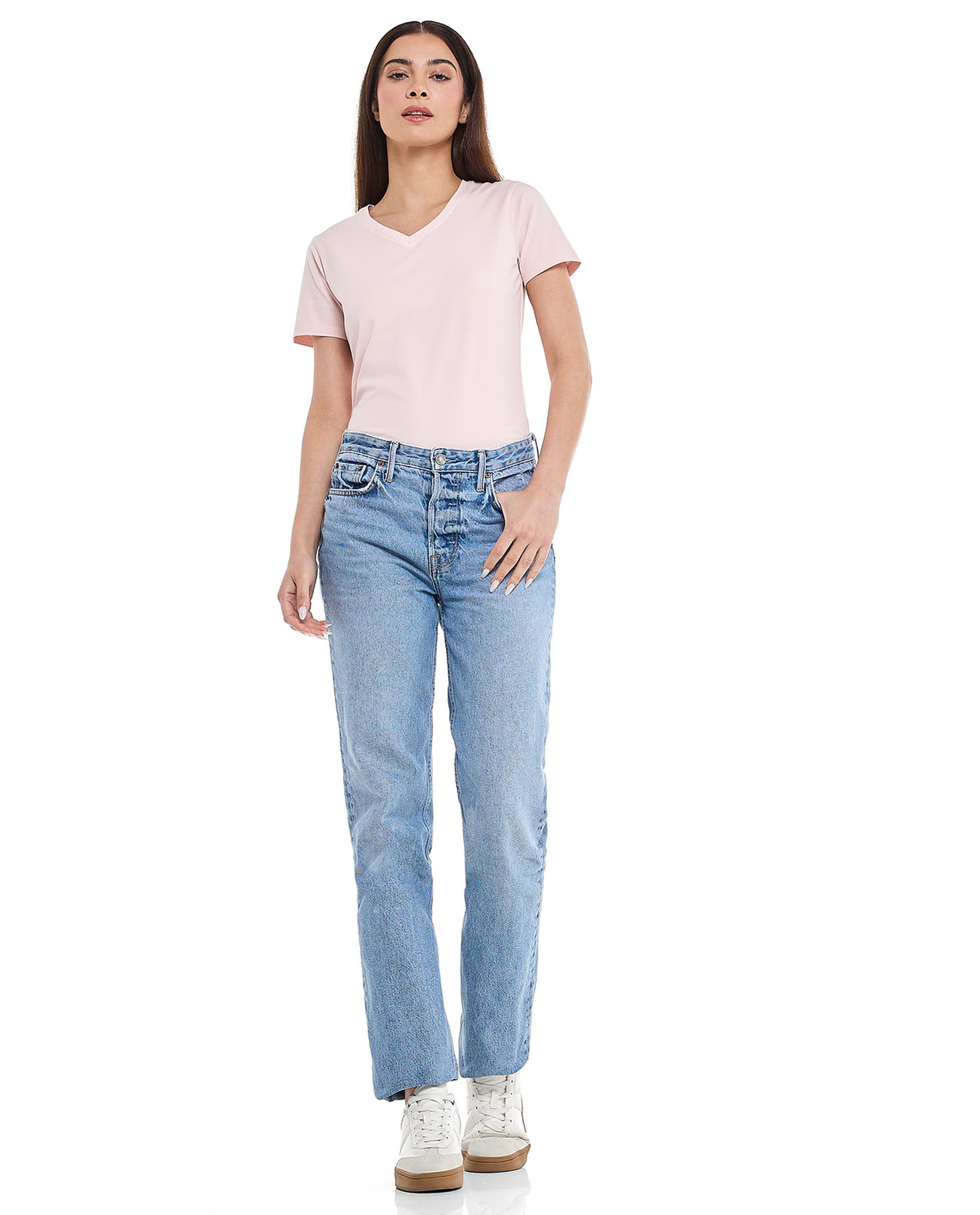 Solid T-Shirt with V-Neck and Short Sleeves