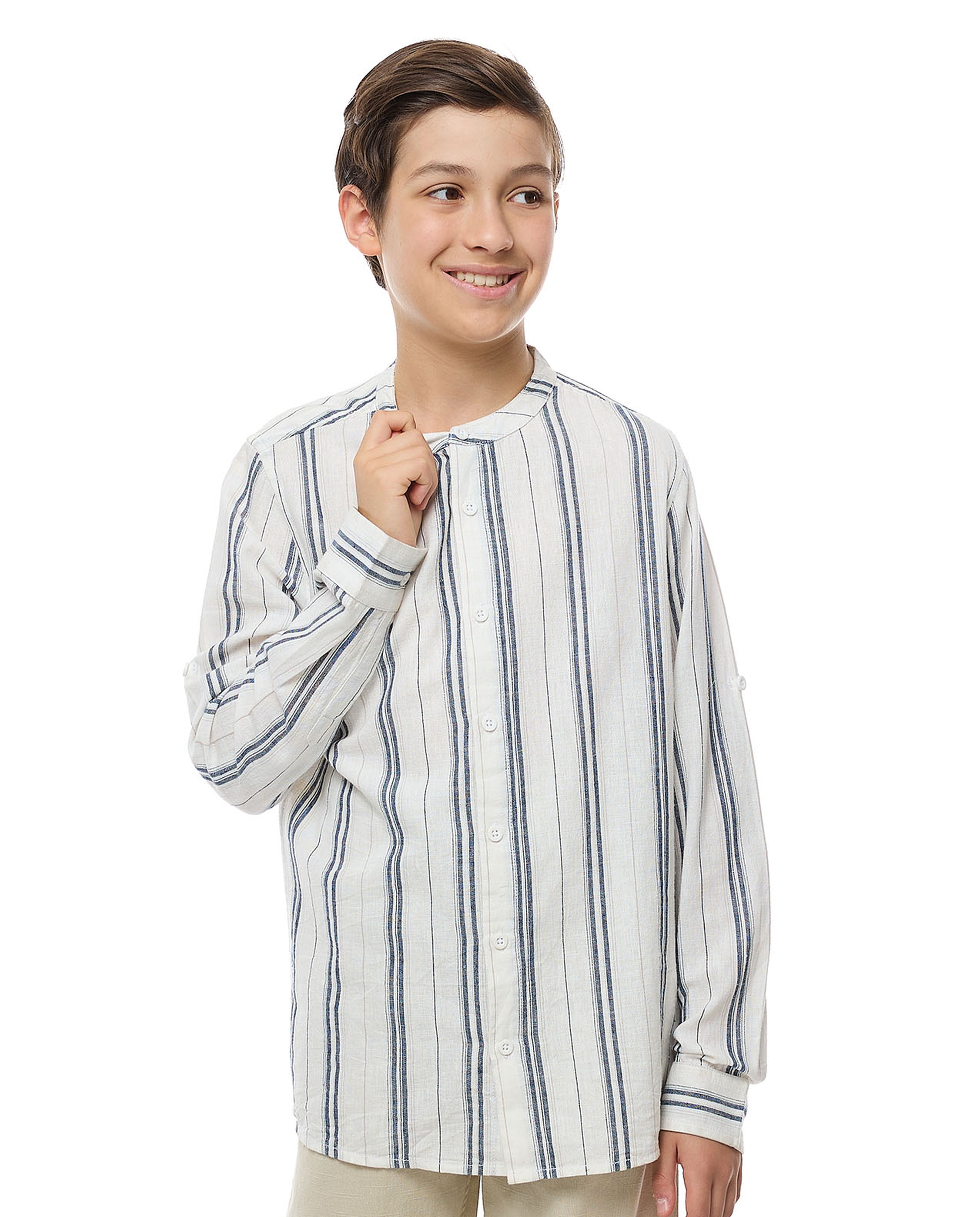 Striped Shirt with Mandarin Collar and Long Sleeves