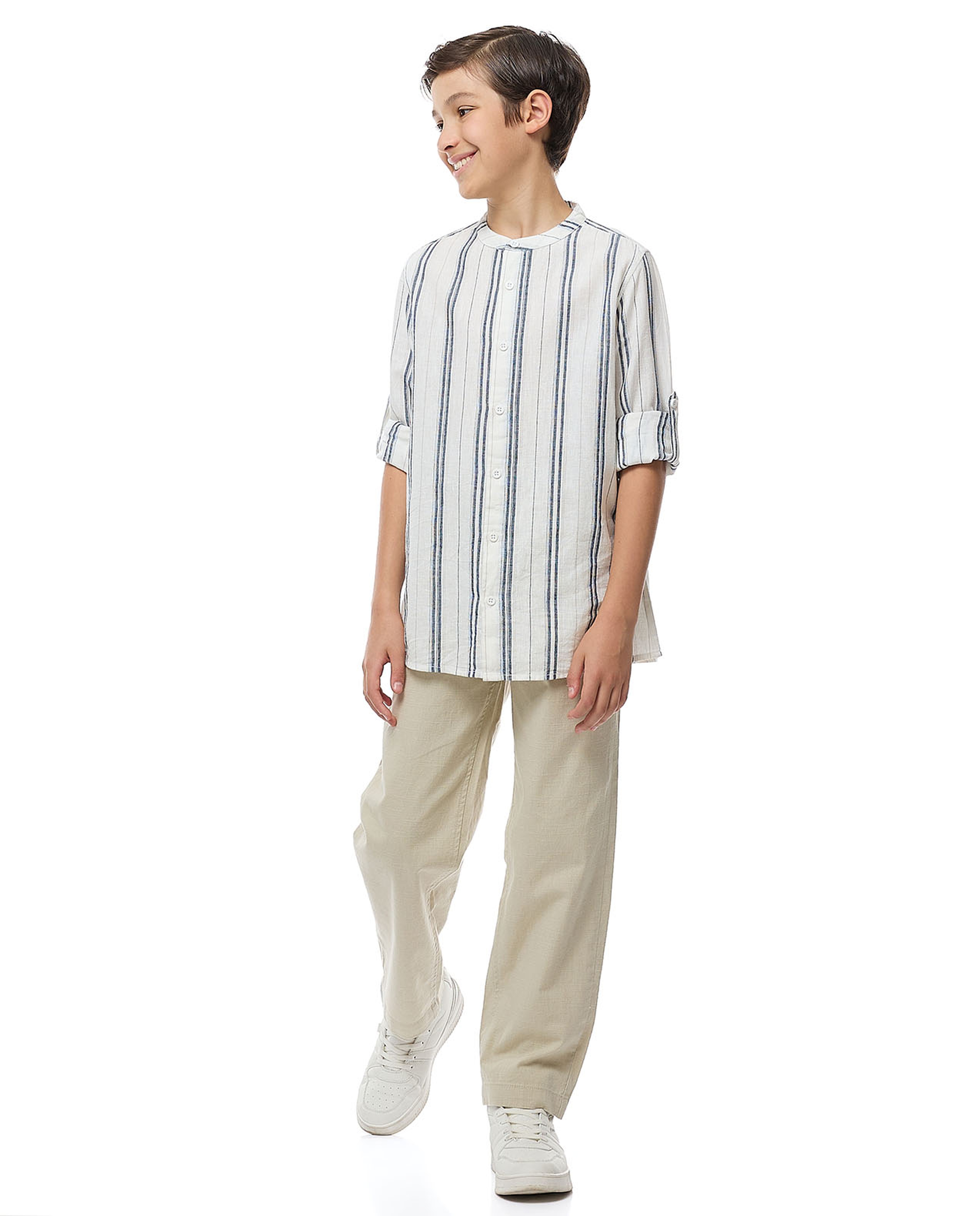 Striped Shirt with Mandarin Collar and Long Sleeves