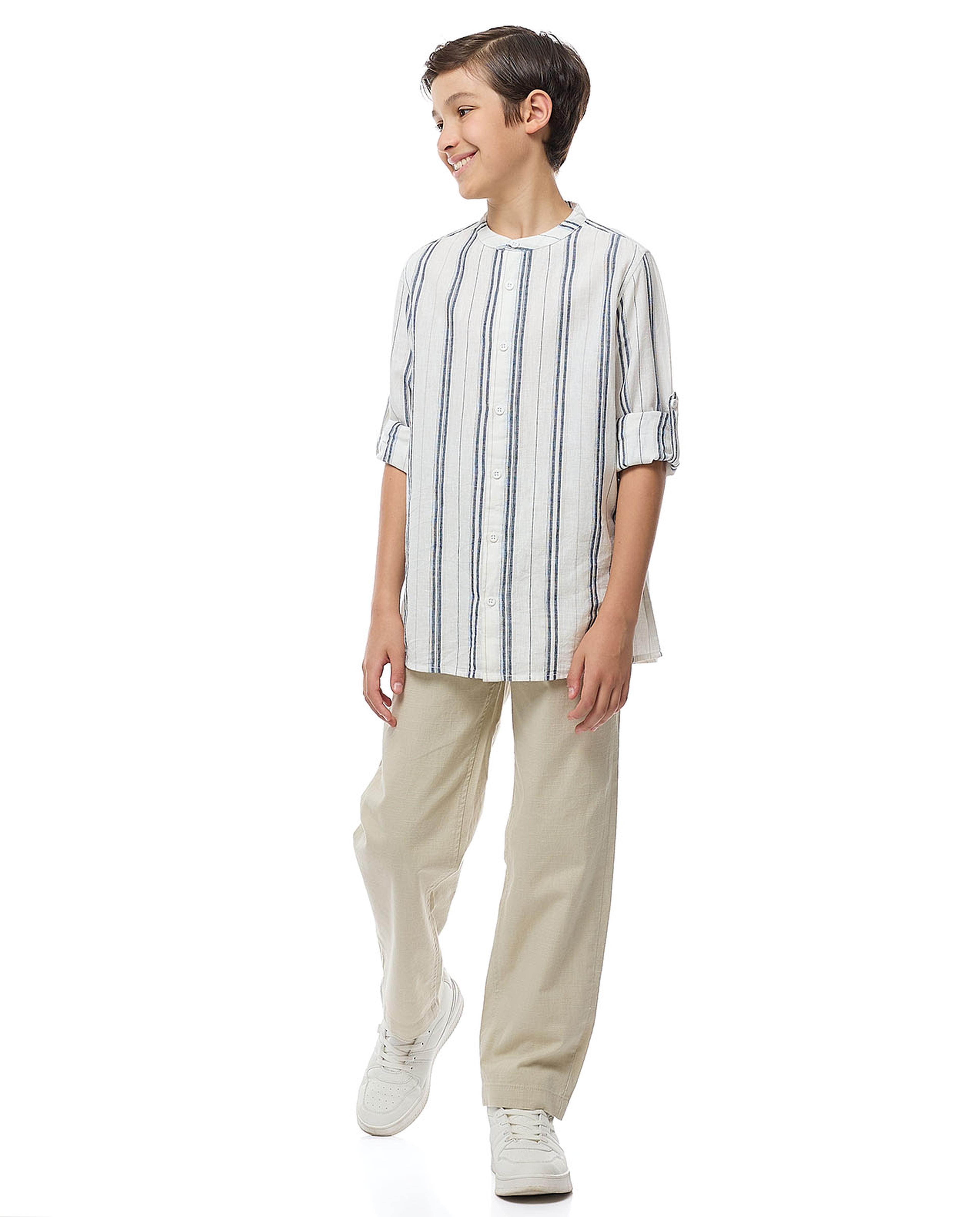 Striped Shirt with Mandarin Collar and Long Sleeves