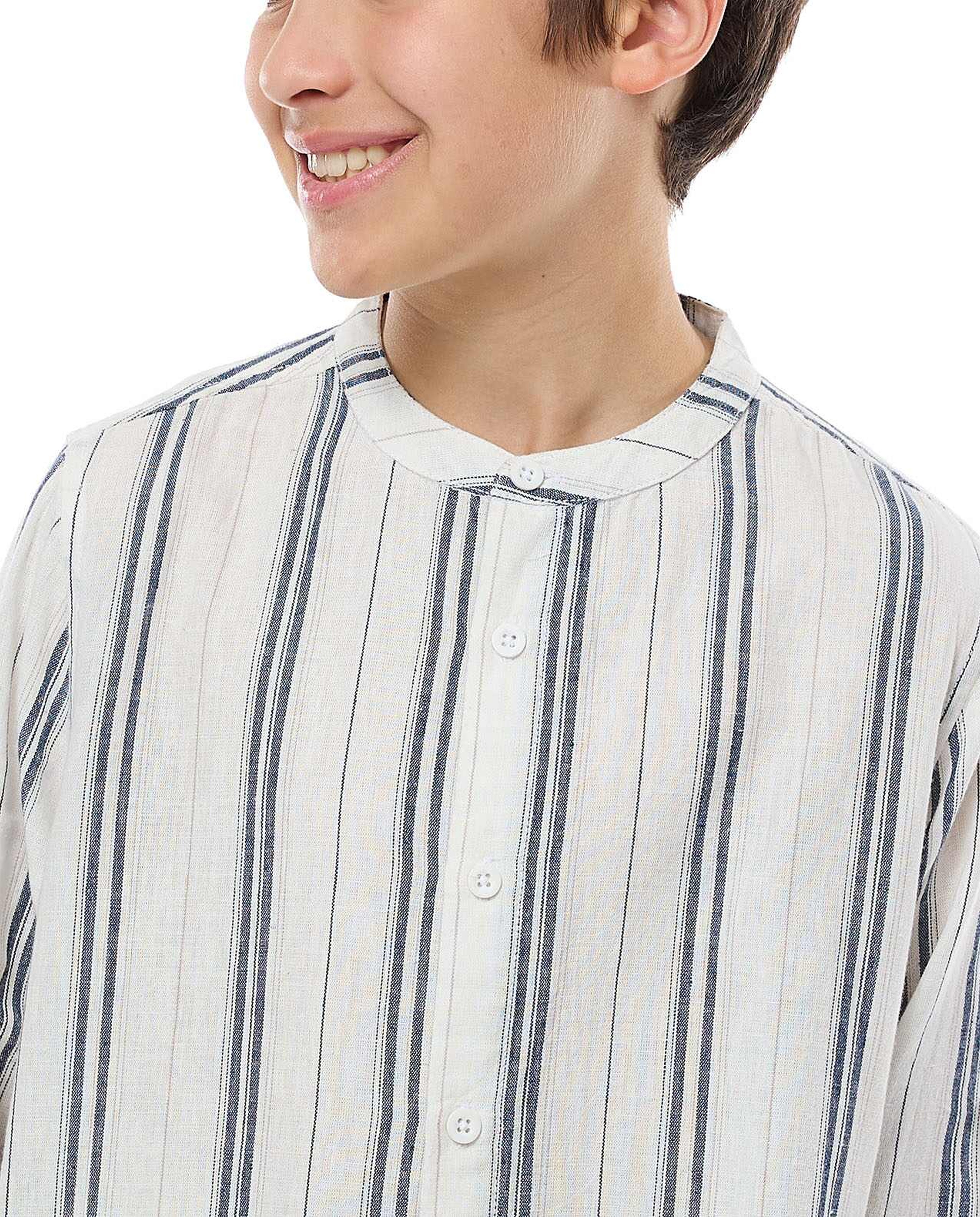 Striped Shirt with Mandarin Collar and Long Sleeves
