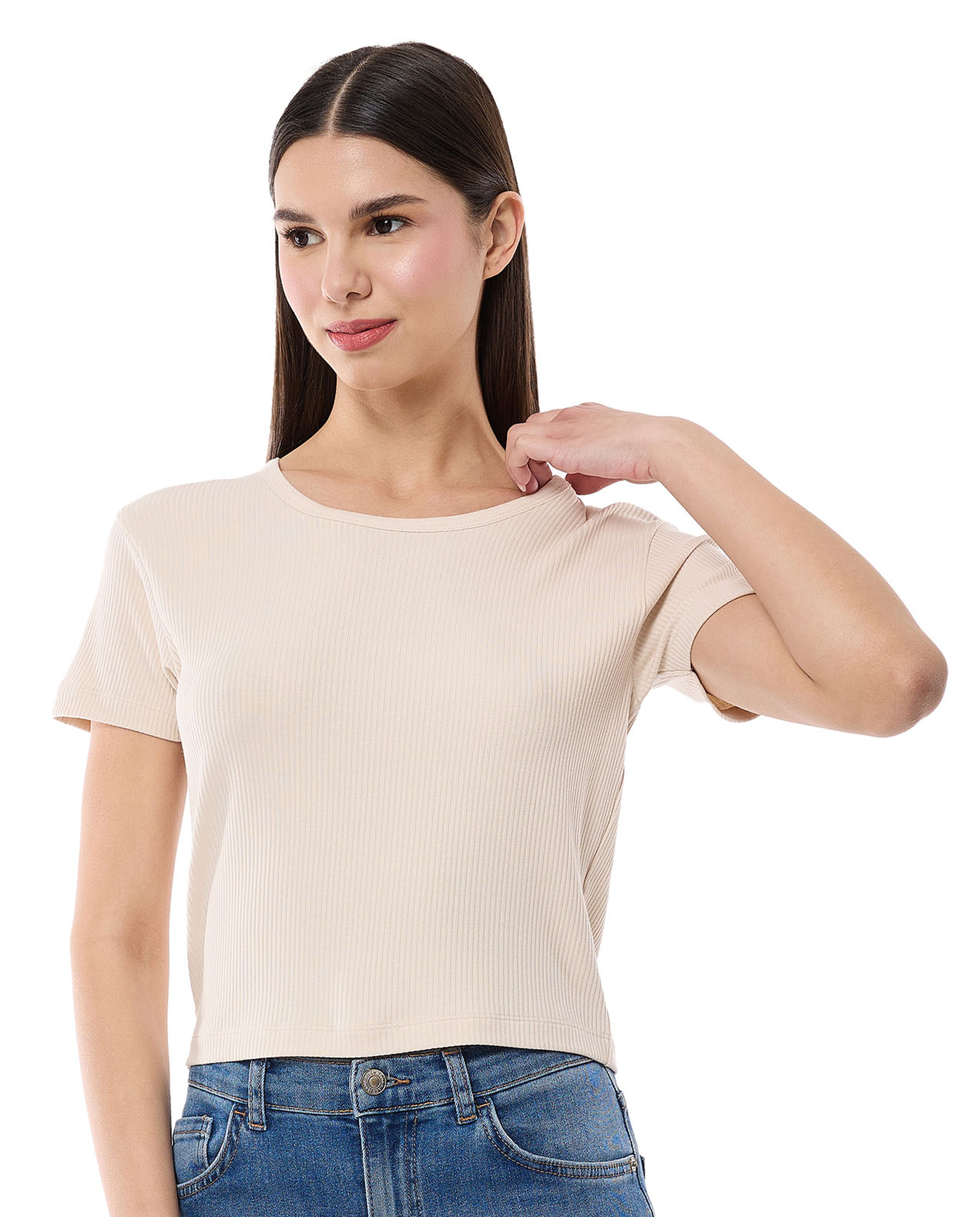 Ribbed Top with Round Neck and Short Sleeves