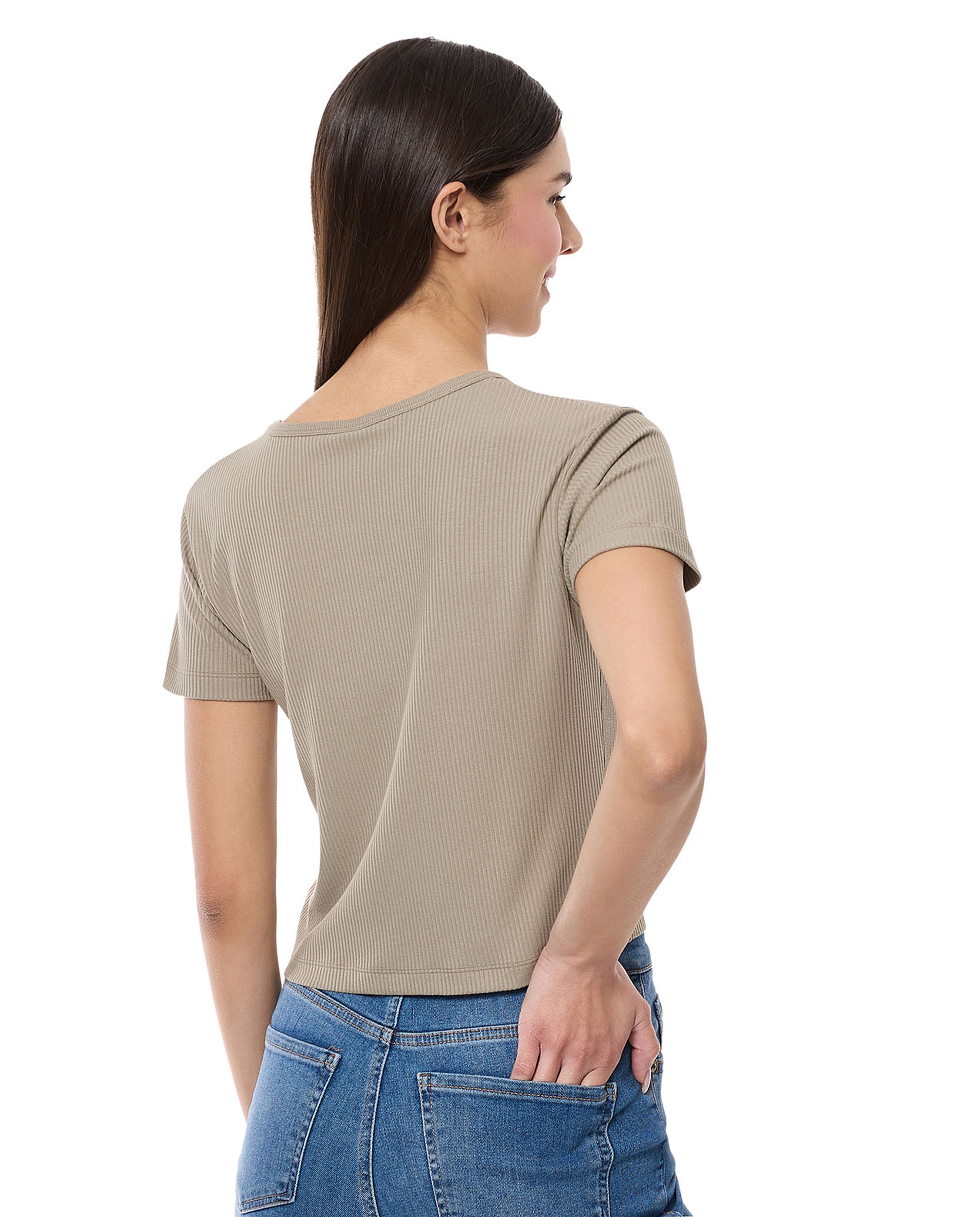 Ribbed Top with Round Neck and Short Sleeves