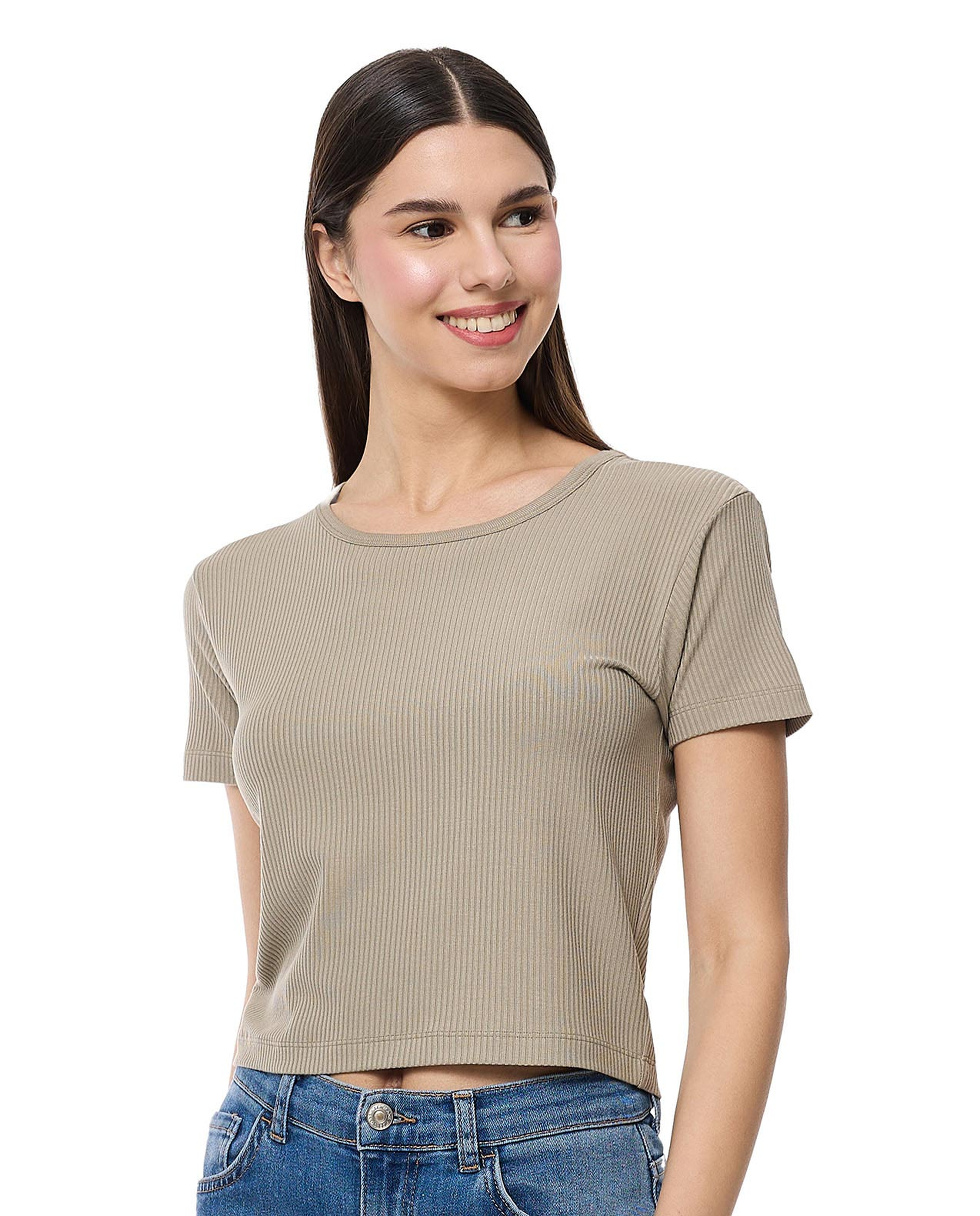 Ribbed Top with Round Neck and Short Sleeves