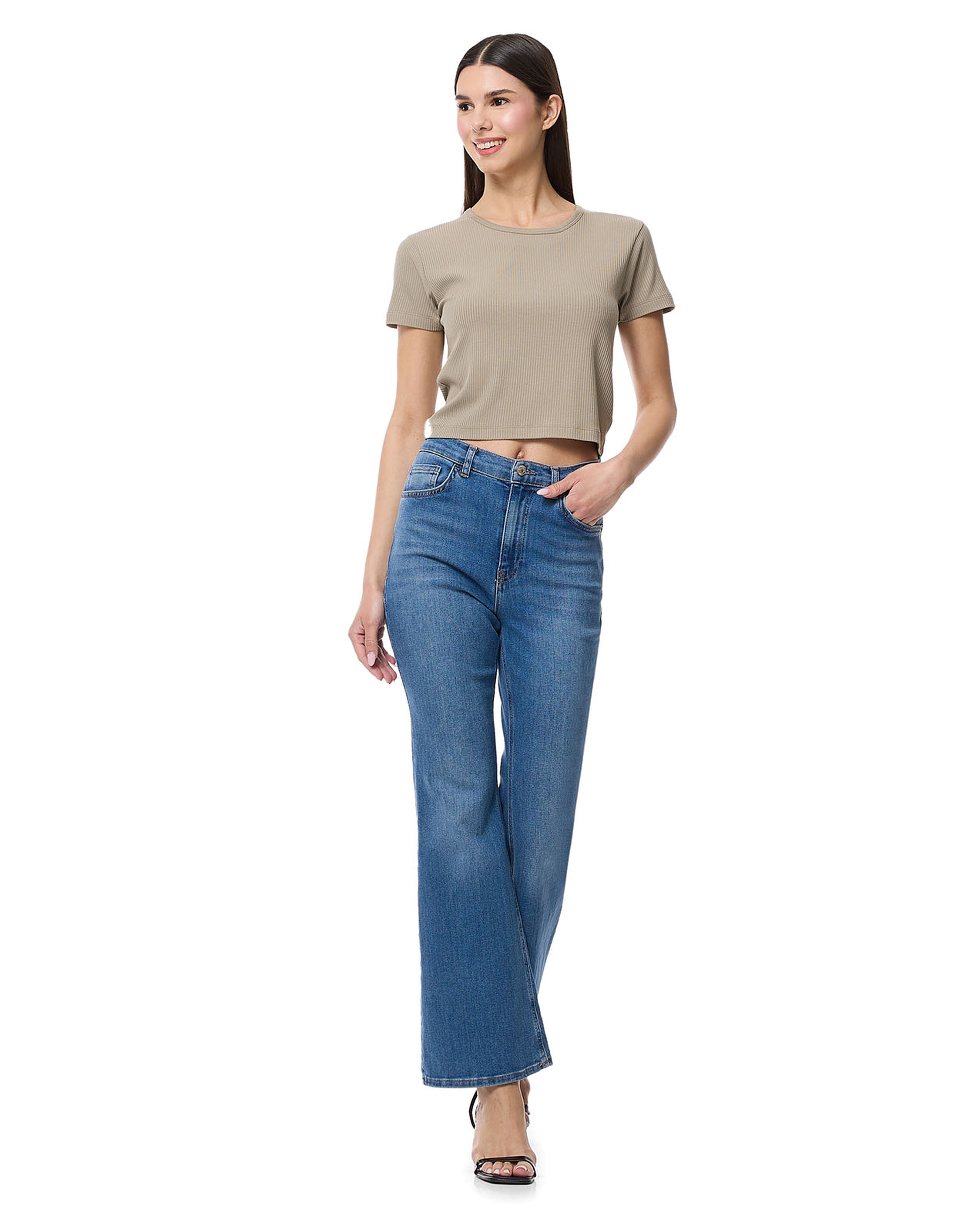 Ribbed Top with Round Neck and Short Sleeves