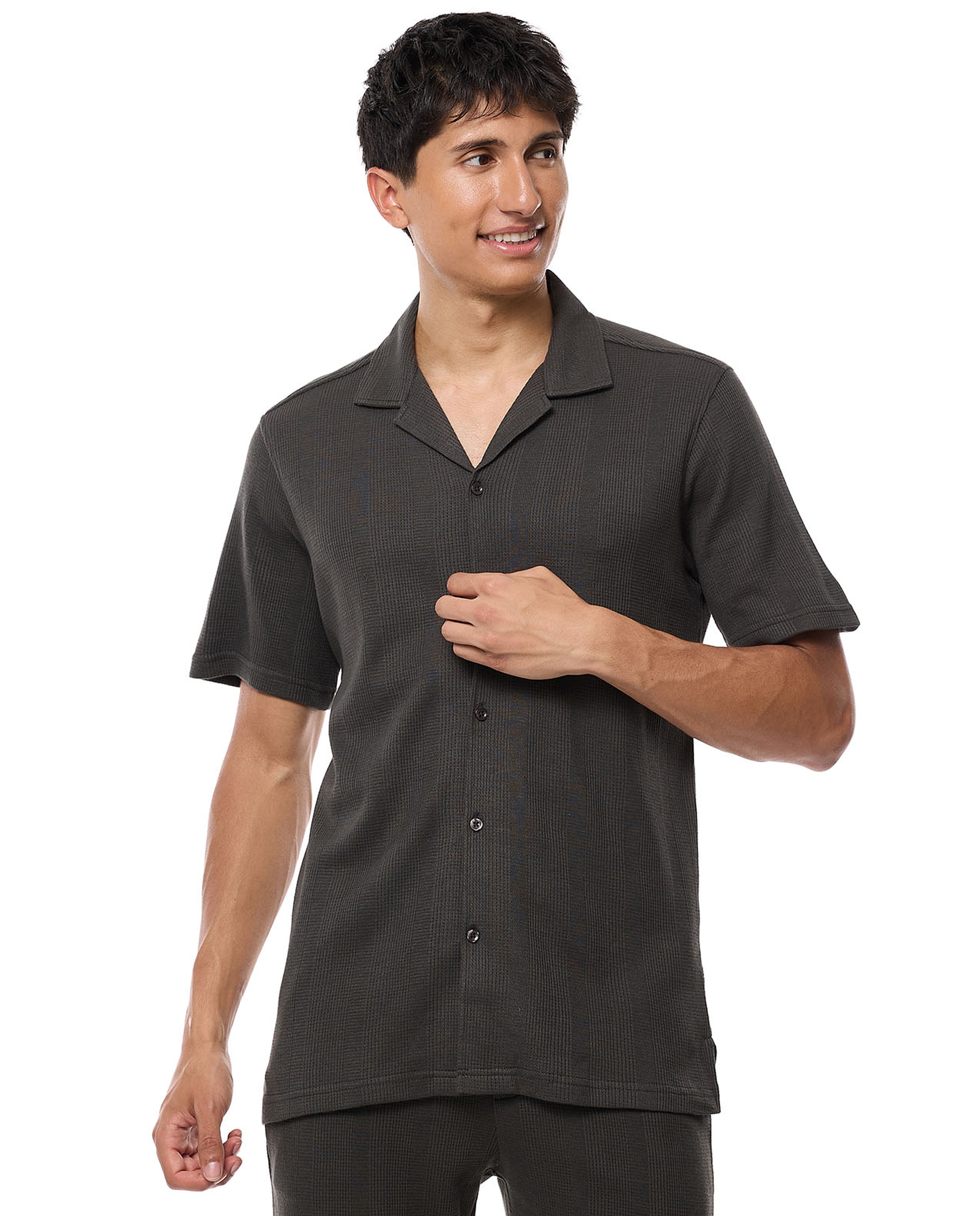 Textured Shirt with Revere Collar and Short Sleeves