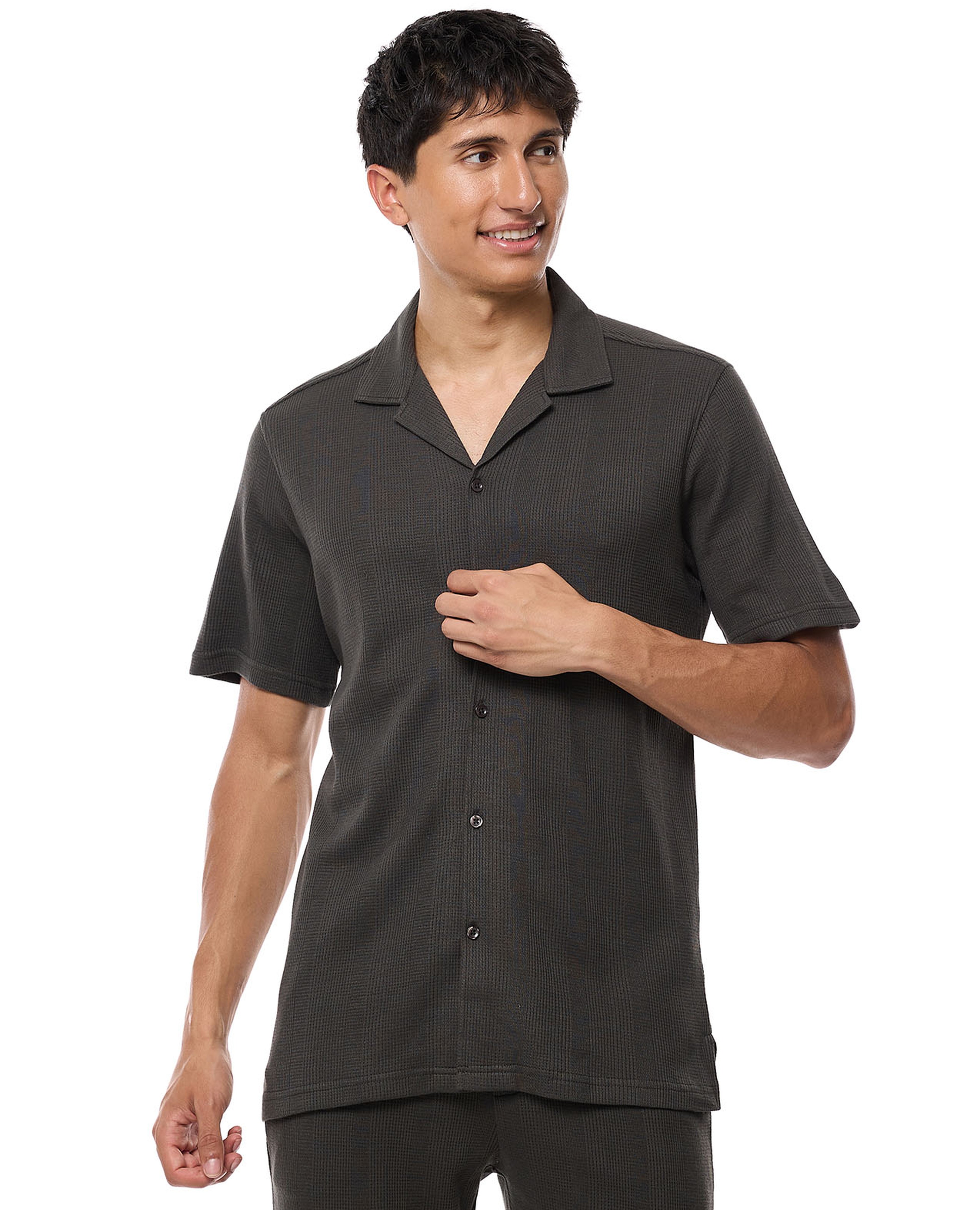 Textured Shirt with Revere Collar and Short Sleeves