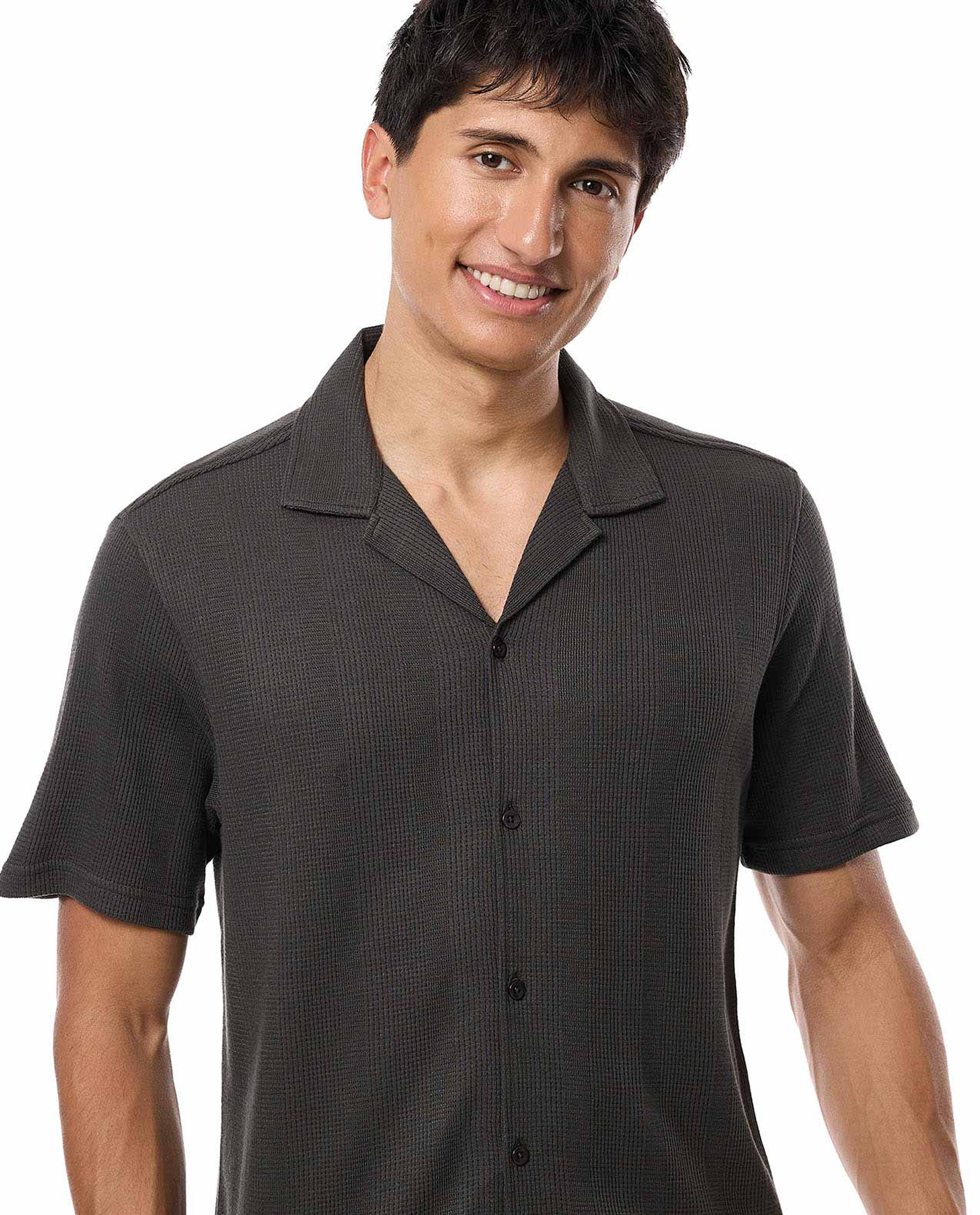 Textured Shirt with Revere Collar and Short Sleeves
