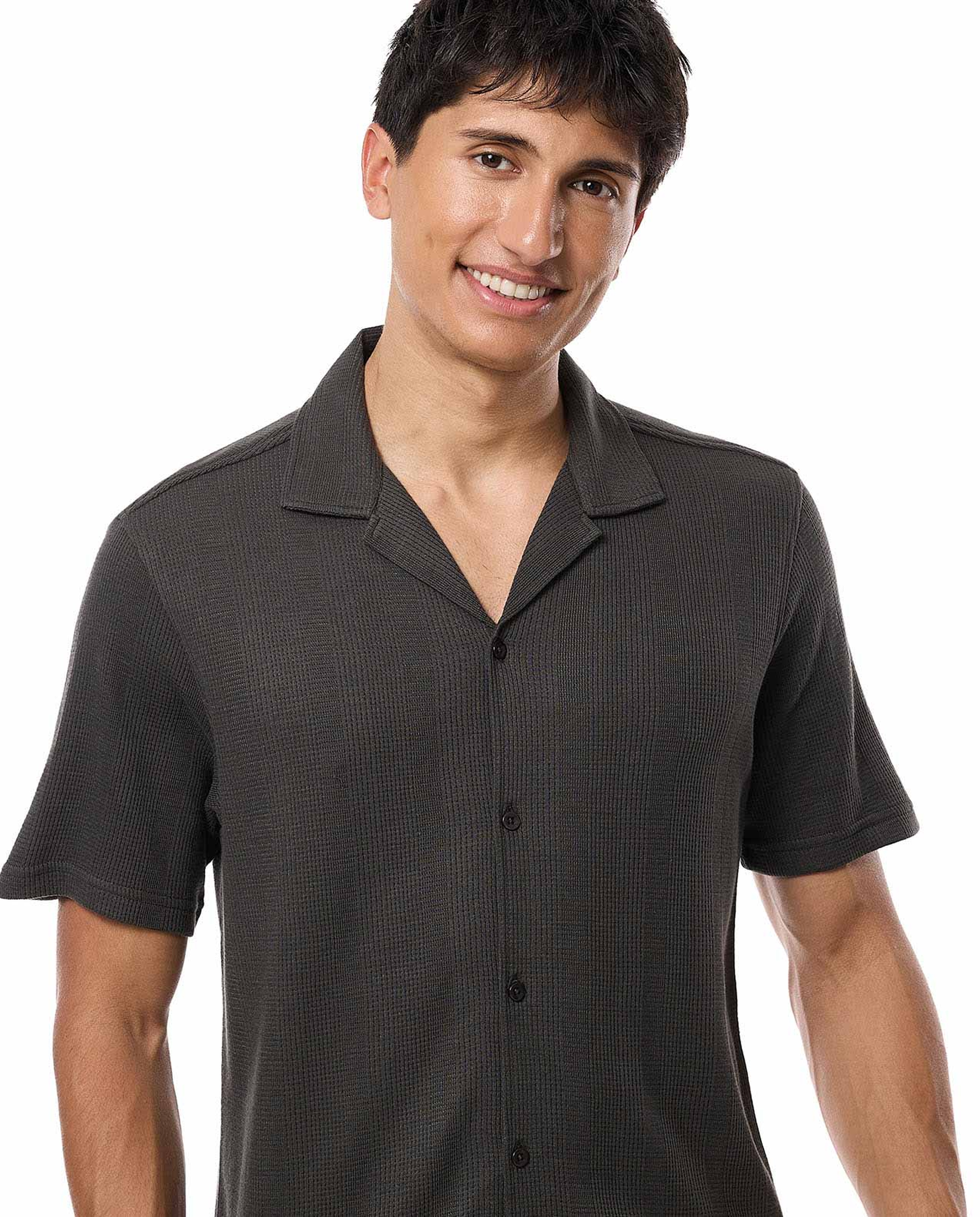 Textured Shirt with Revere Collar and Short Sleeves