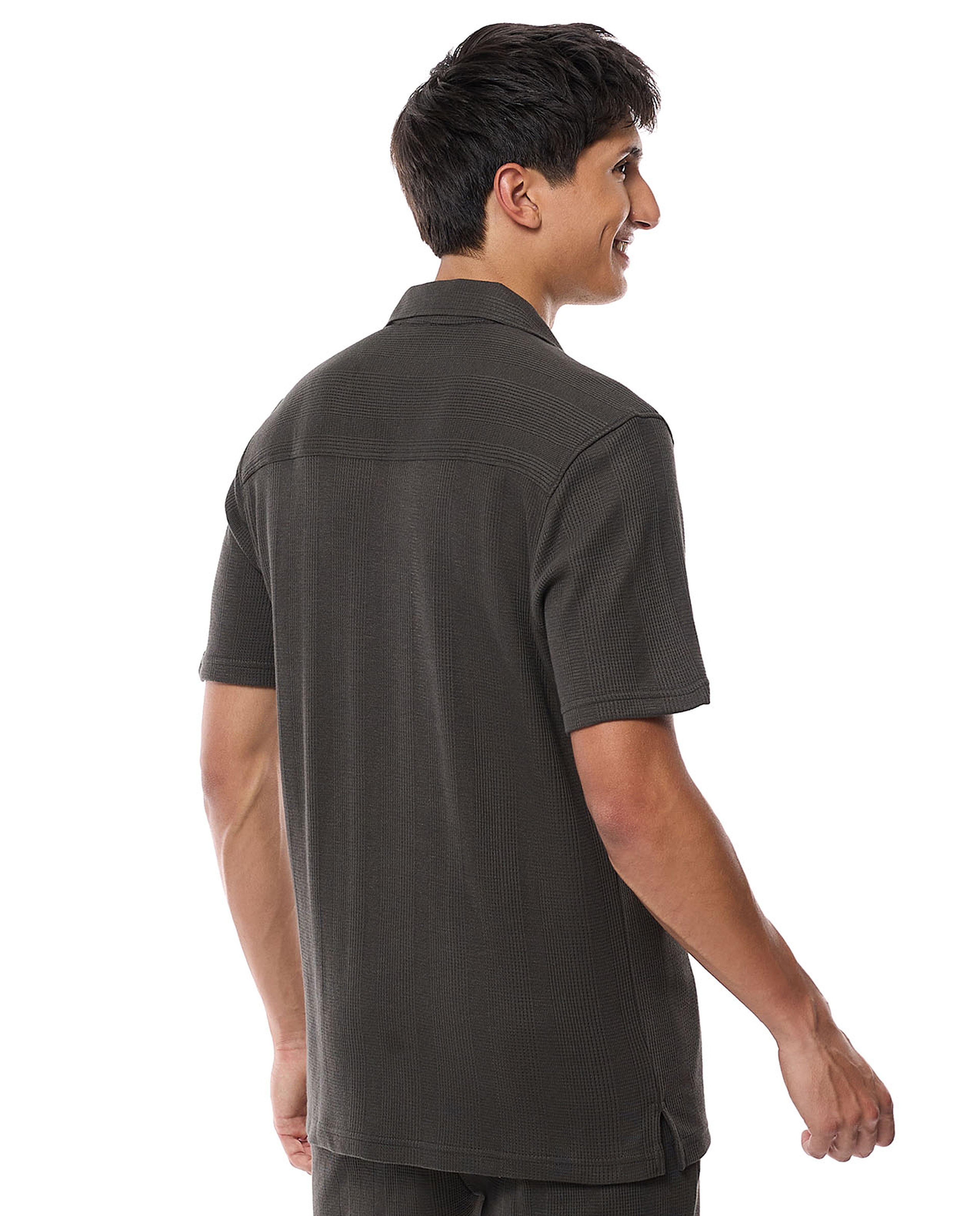 Textured Shirt with Revere Collar and Short Sleeves