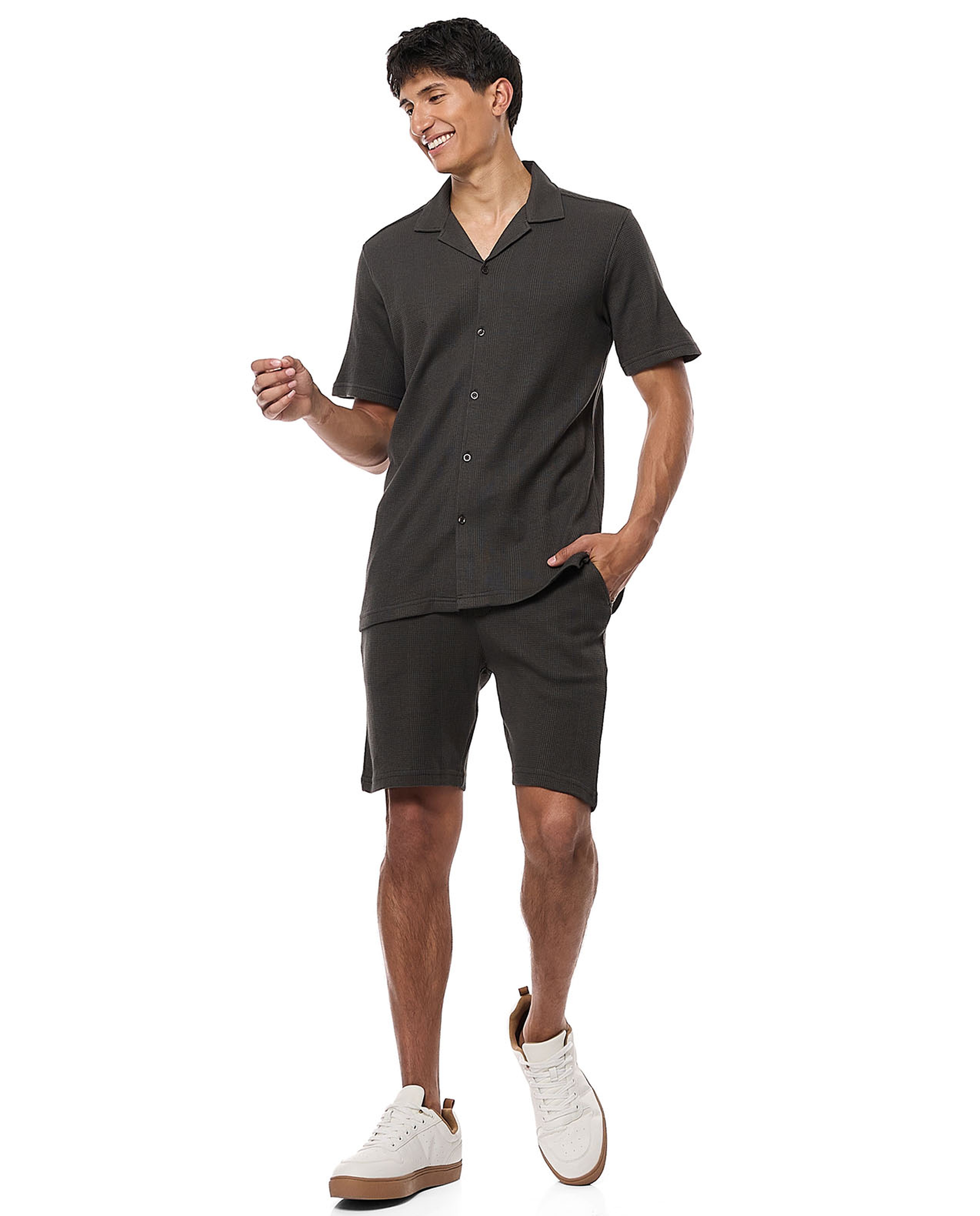 Textured Shirt with Revere Collar and Short Sleeves