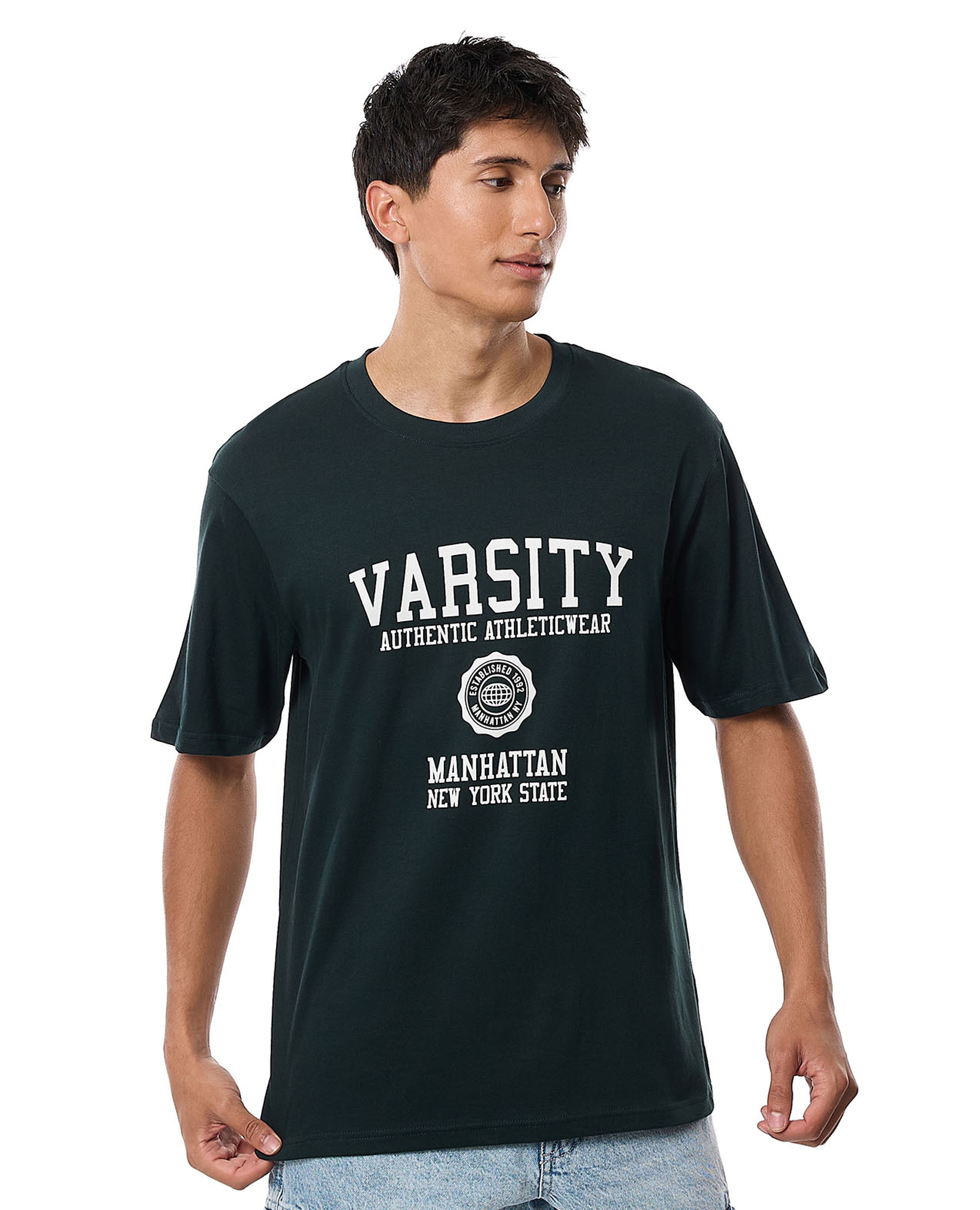 Typography Print T-Shirt with Crew Neck and Short Sleeves