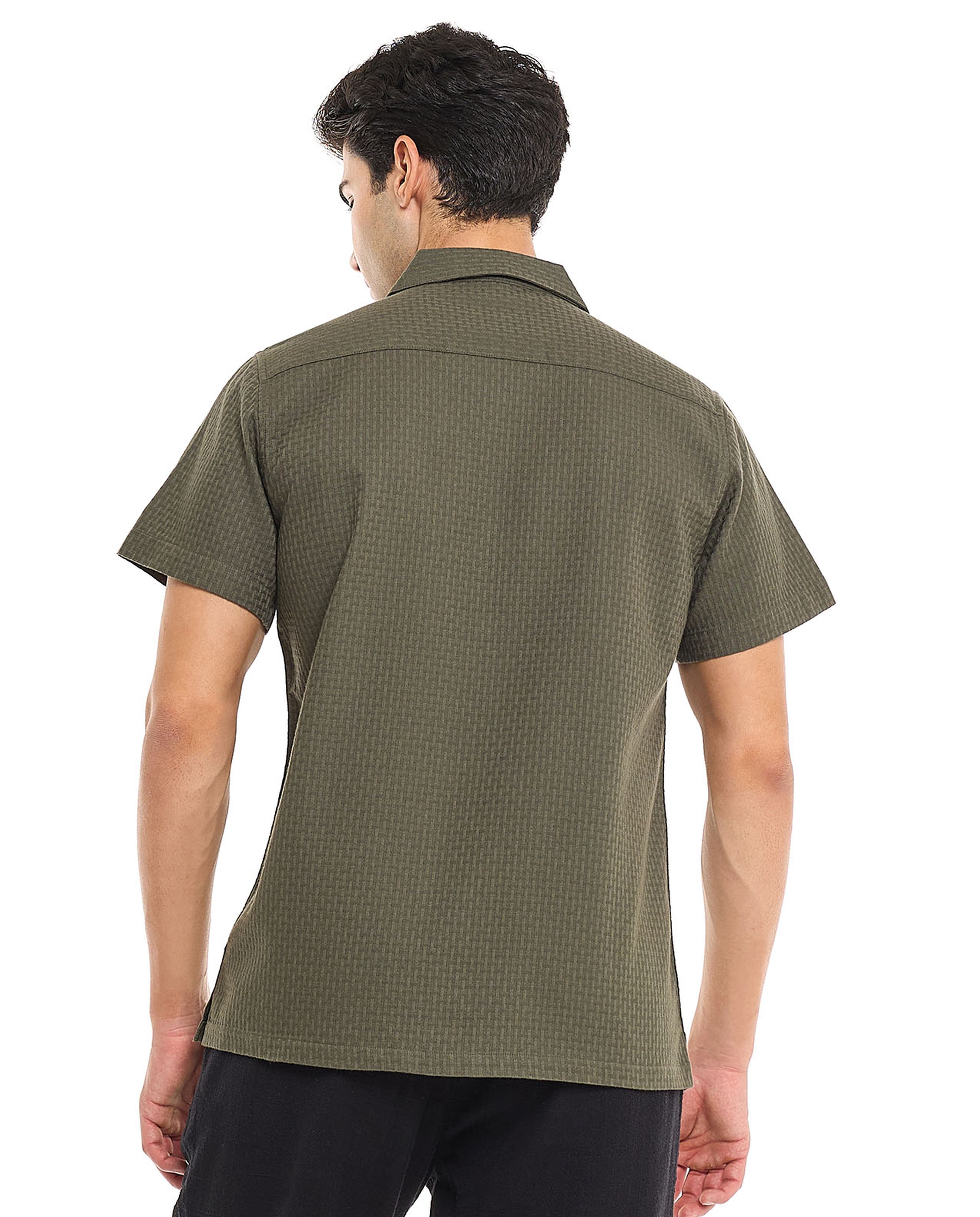 Solid Shirt With Revere Collar and Short Sleeves