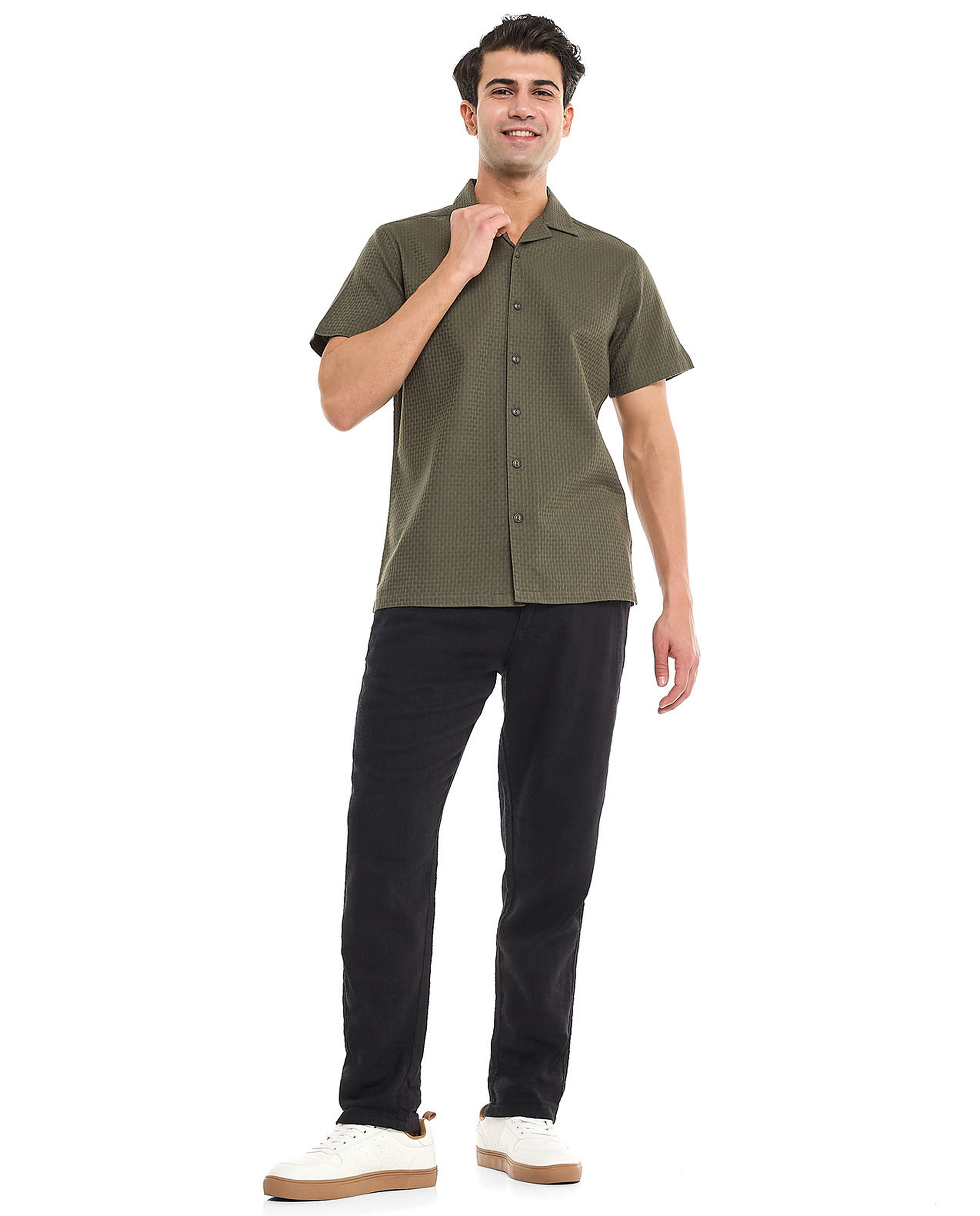 Solid Shirt With Revere Collar and Short Sleeves