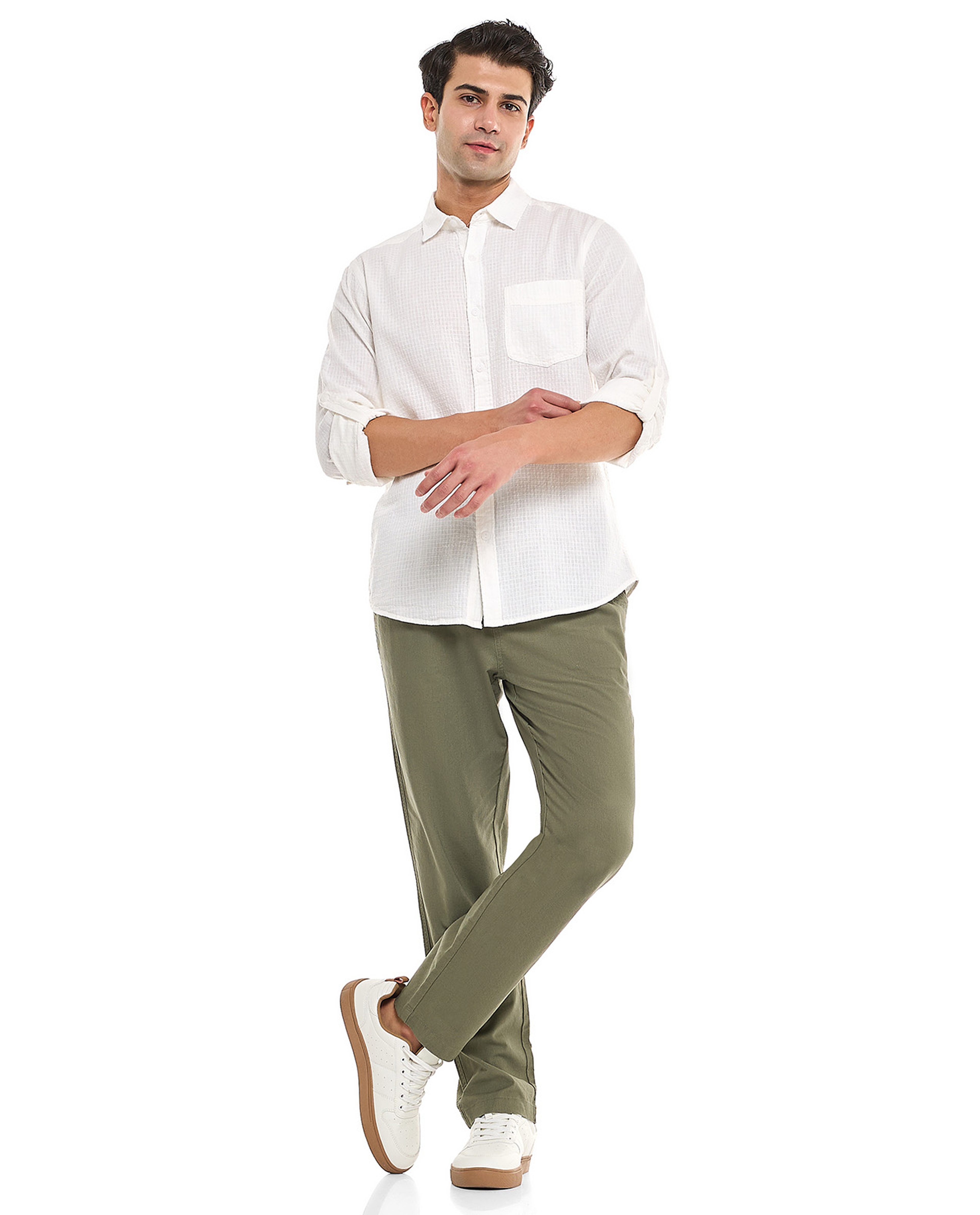 Solid Shirt With Spread Collar and Long Sleeves