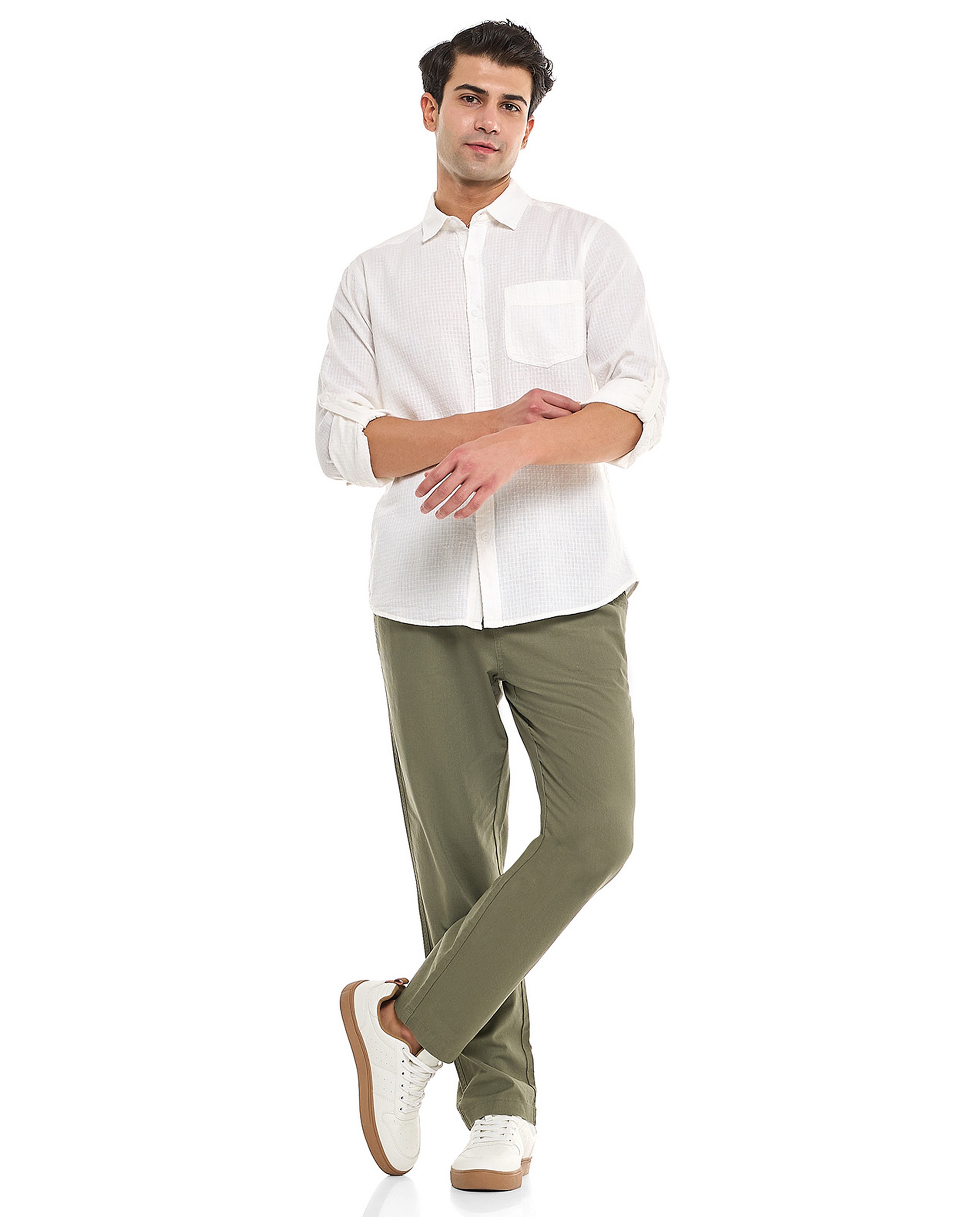 Solid Shirt With Spread Collar and Long Sleeves