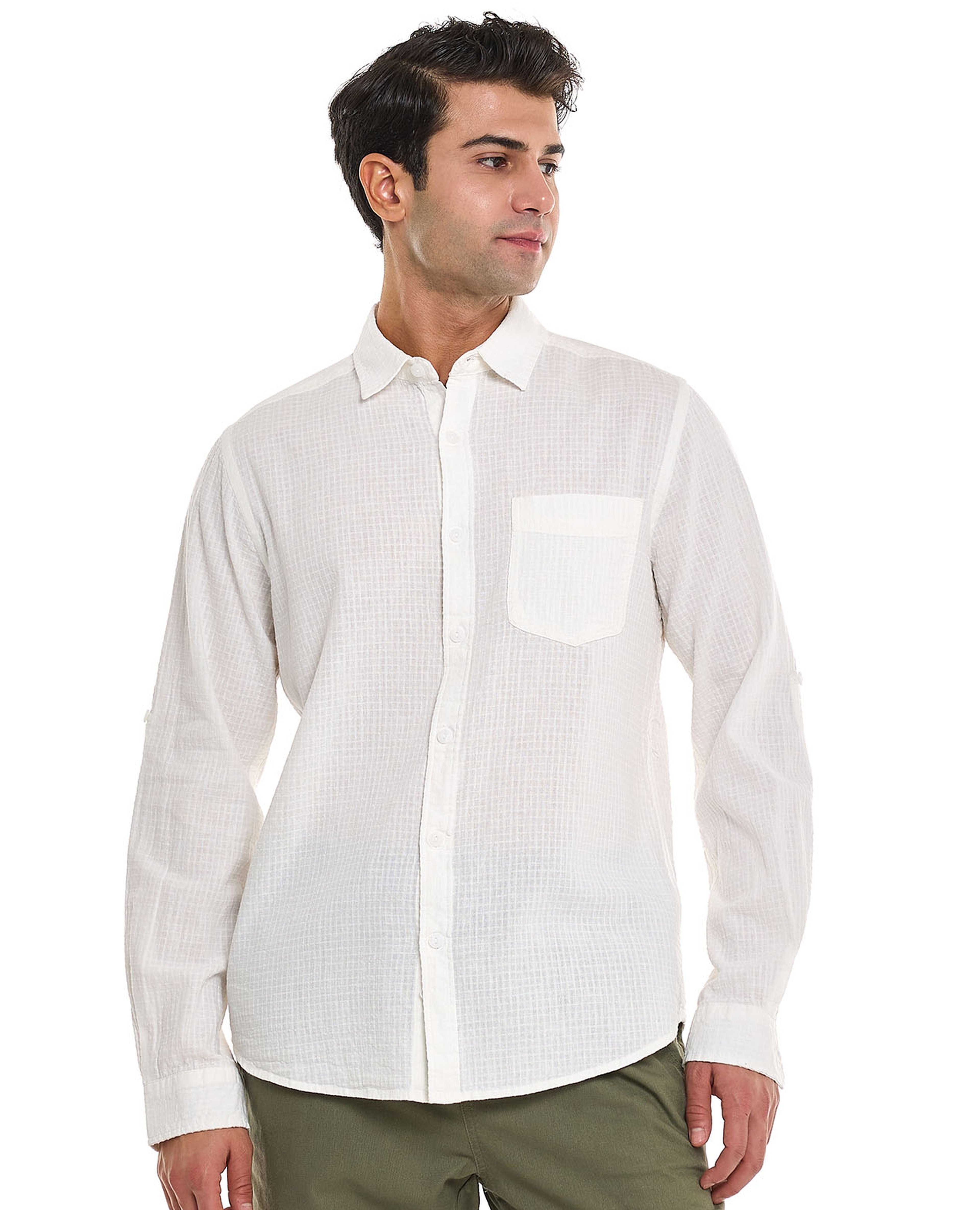 Solid Shirt With Spread Collar and Long Sleeves