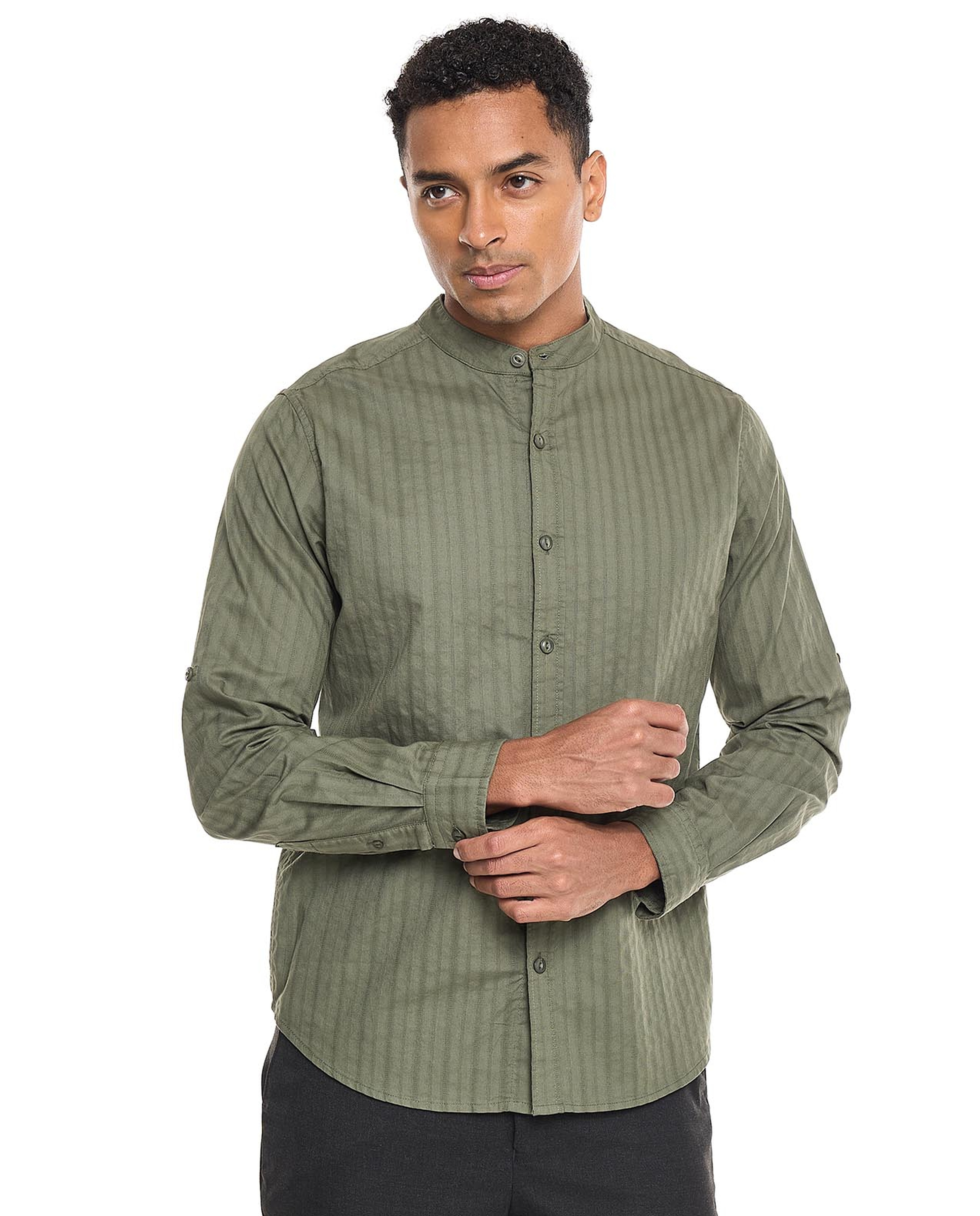 Solid Shirt With Stand Collar and Long Sleeves