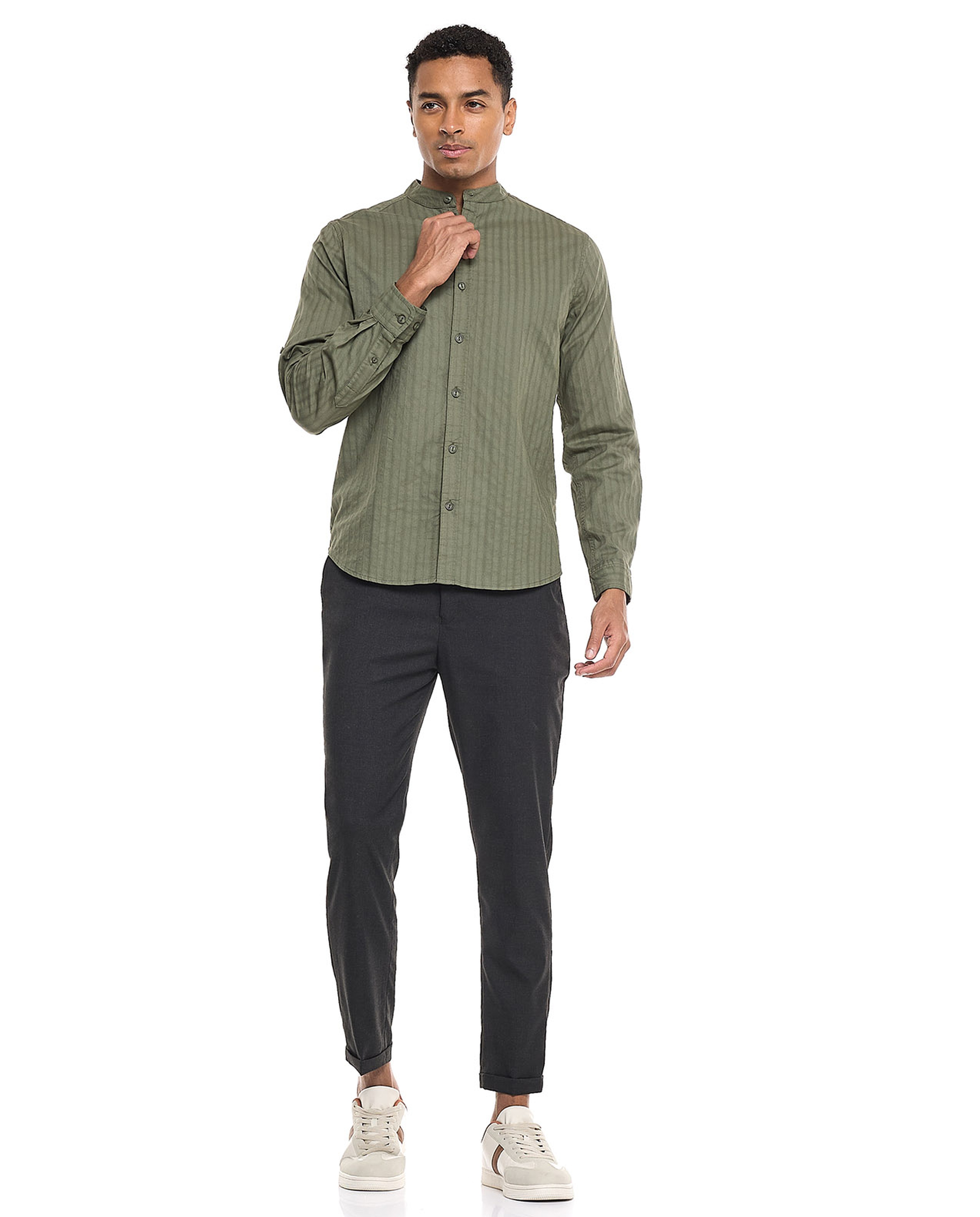 Solid Shirt With Stand Collar and Long Sleeves