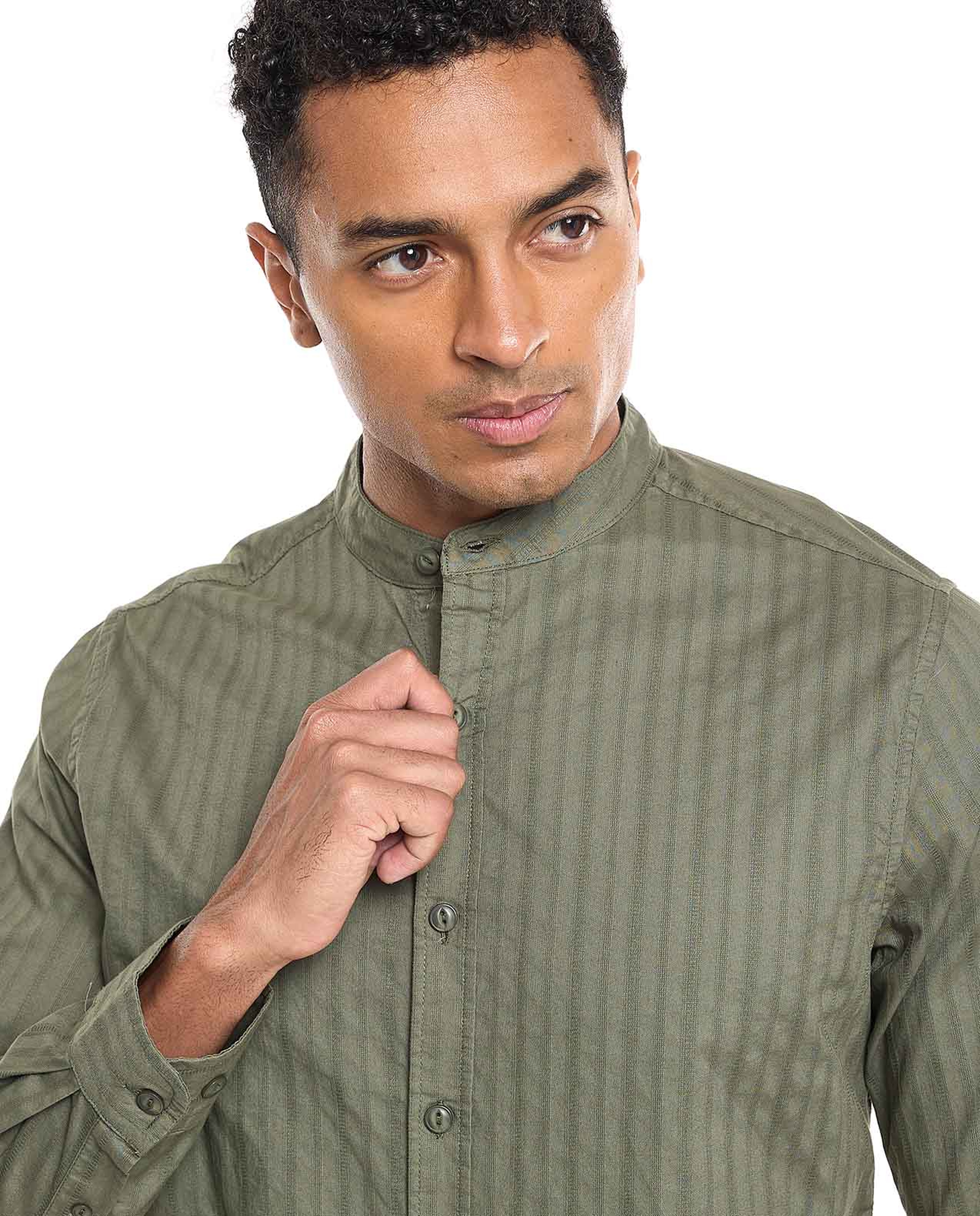 Solid Shirt With Stand Collar and Long Sleeves