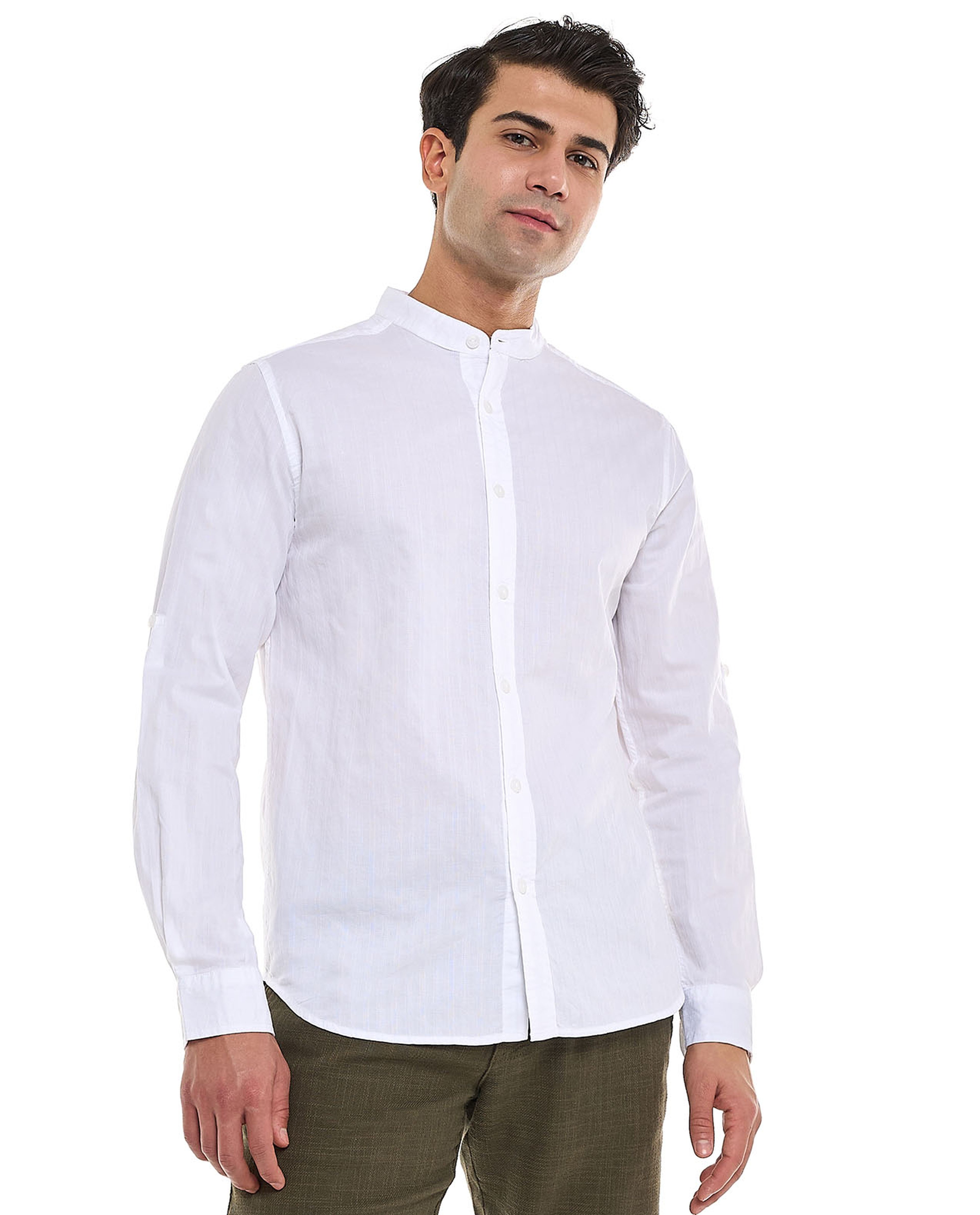 Solid Shirt With Stand Collar and Long Sleeves
