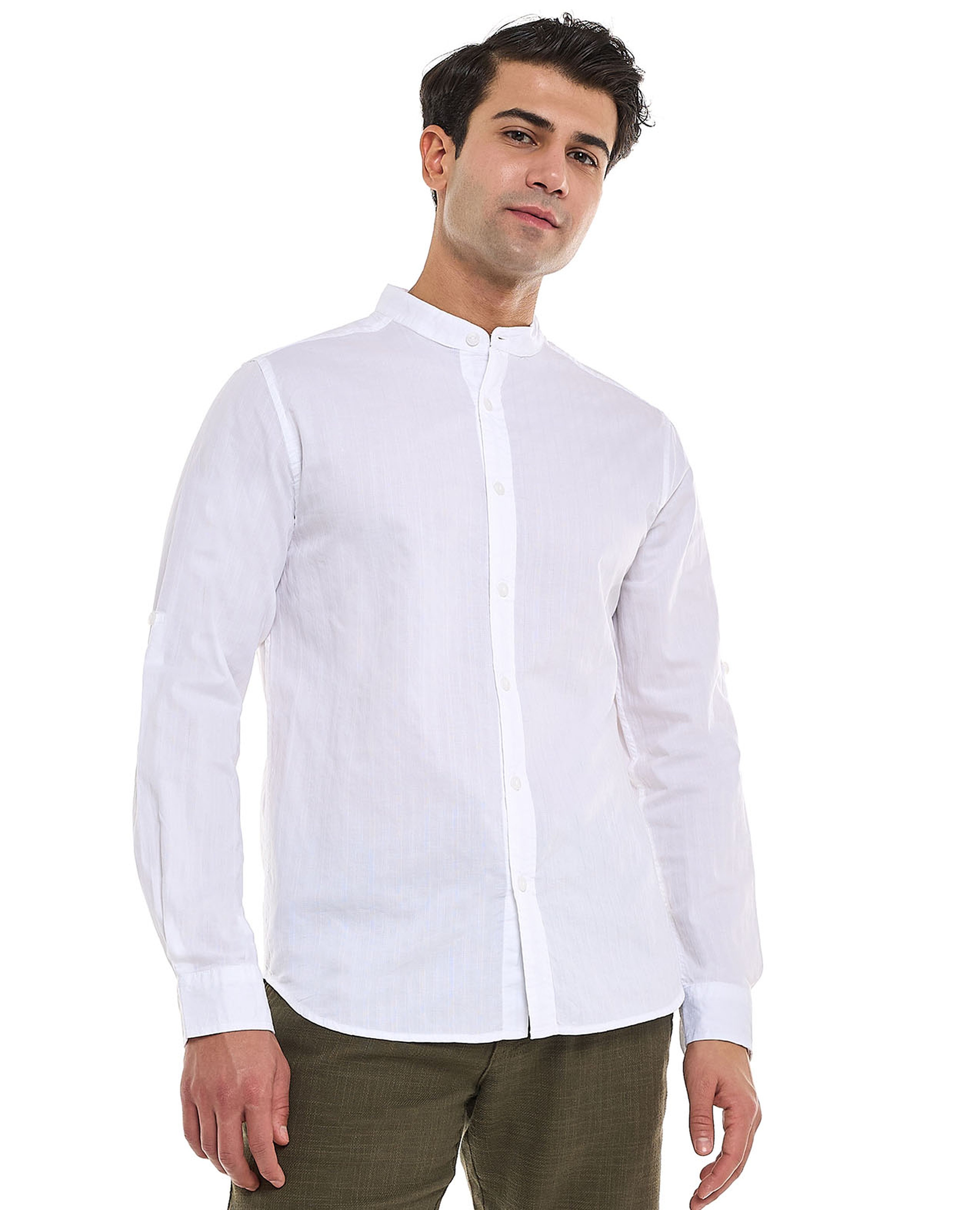 Solid Shirt With Stand Collar and Long Sleeves