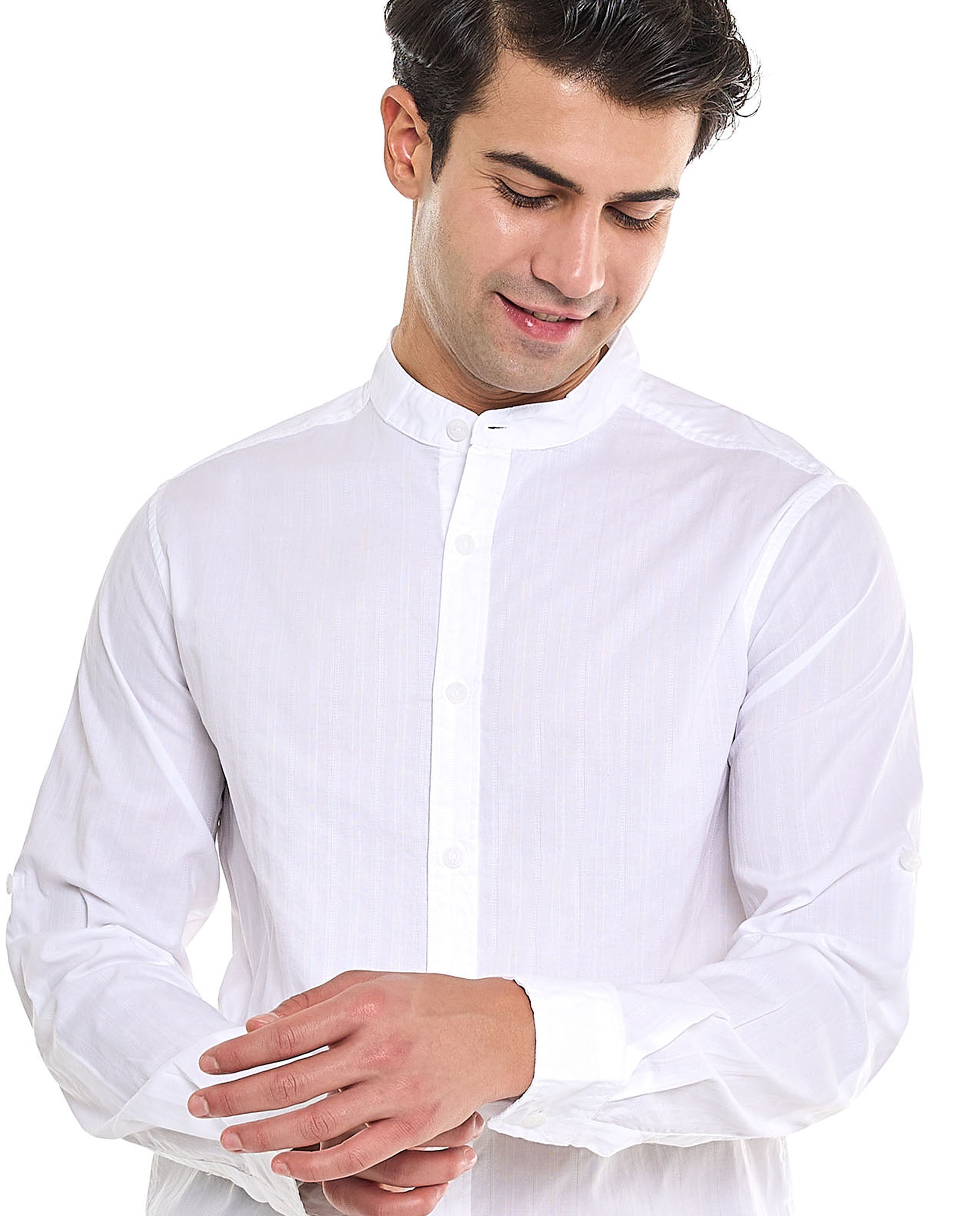 Solid Shirt With Stand Collar and Long Sleeves