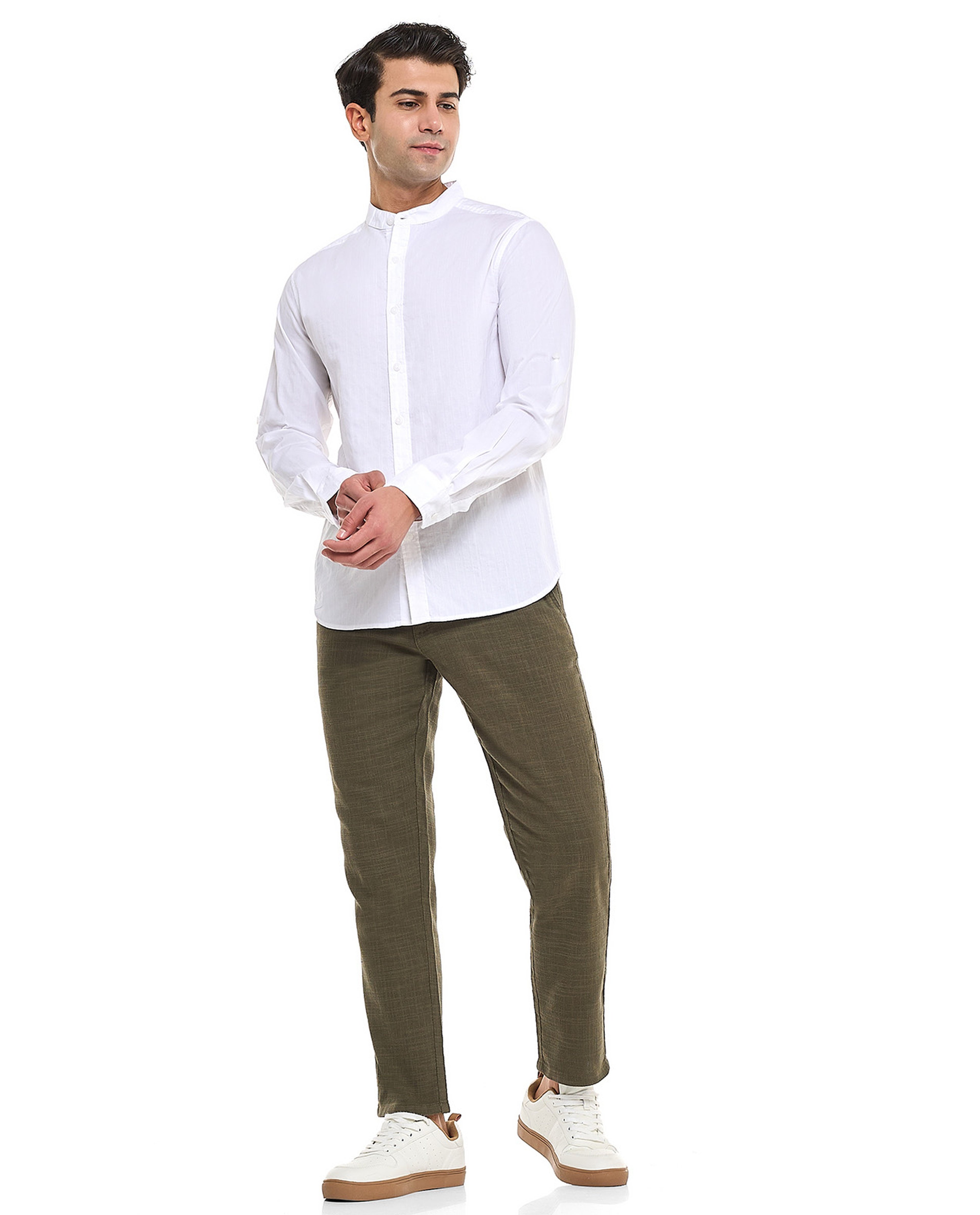 Solid Shirt With Stand Collar and Long Sleeves