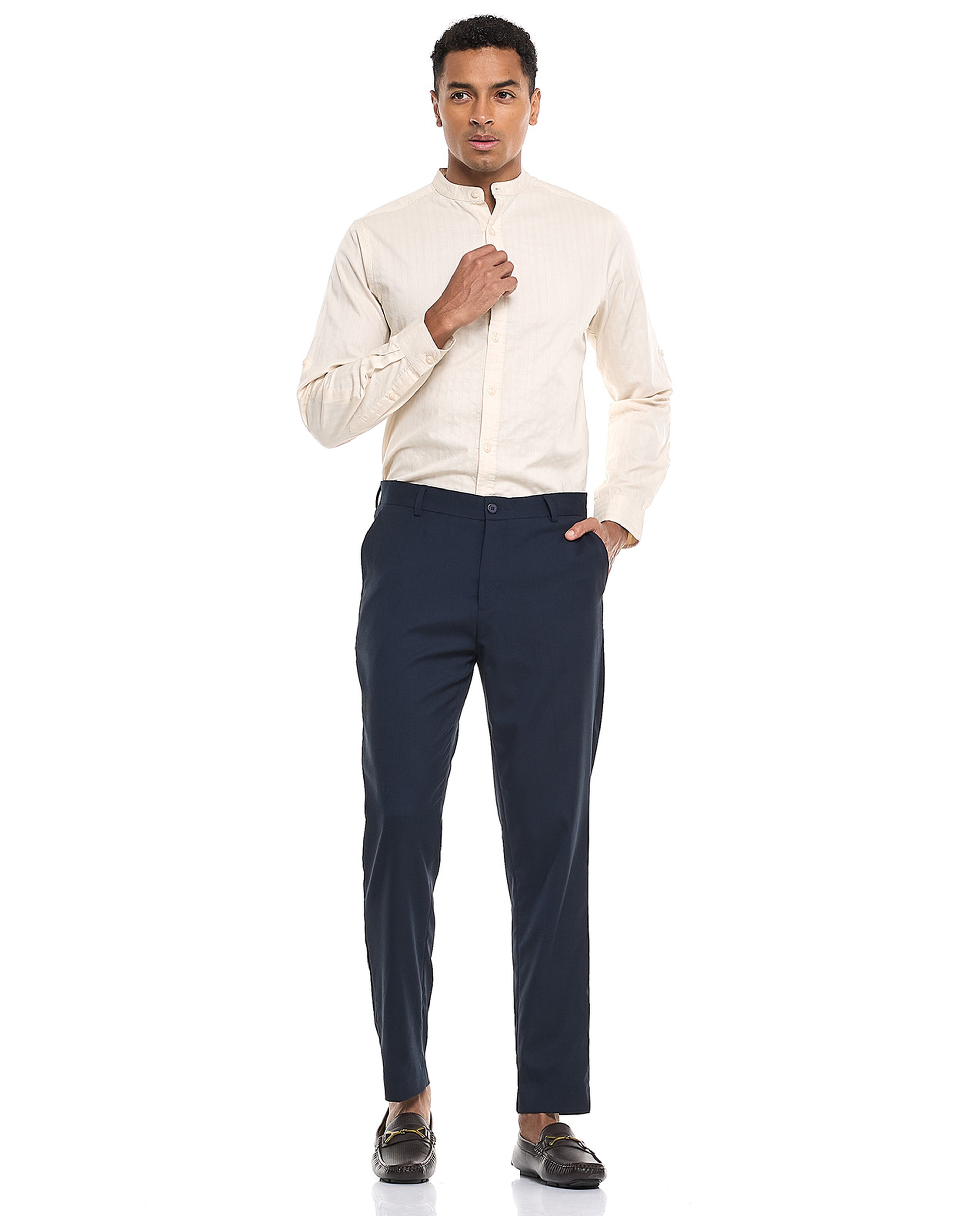 Solid Shirt With Stand Collar and Long Sleeves