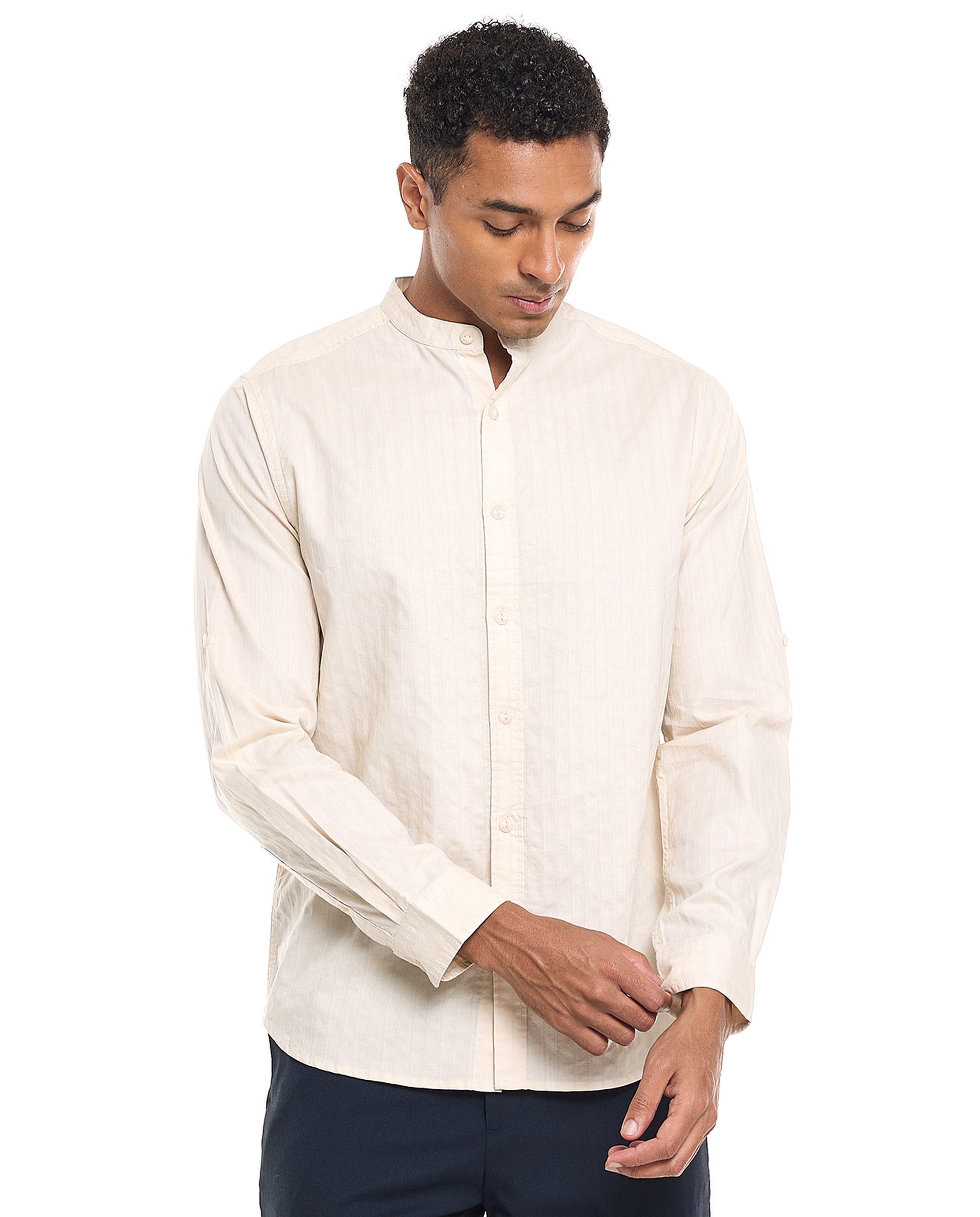 Solid Shirt With Stand Collar and Long Sleeves