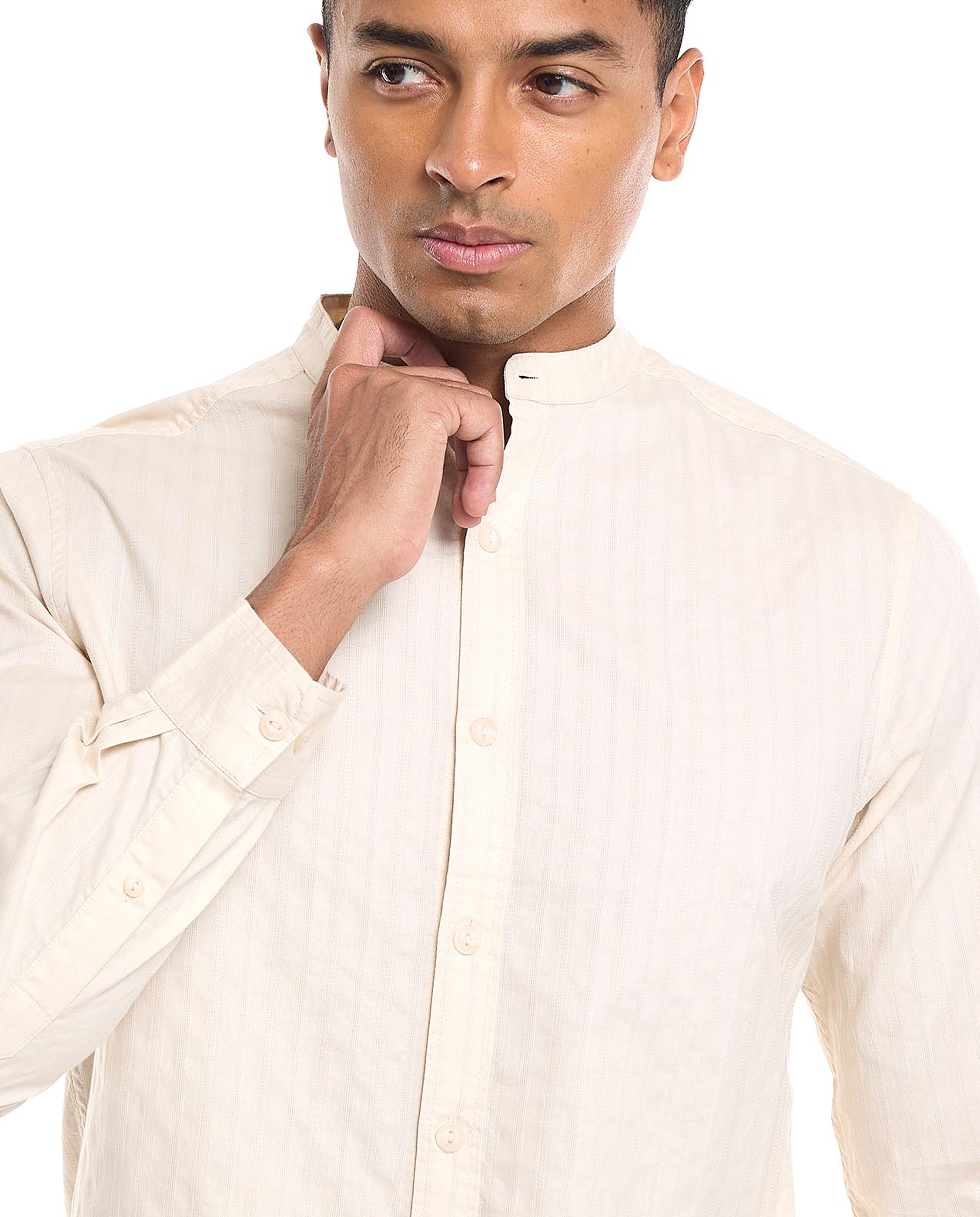 Solid Shirt With Stand Collar and Long Sleeves