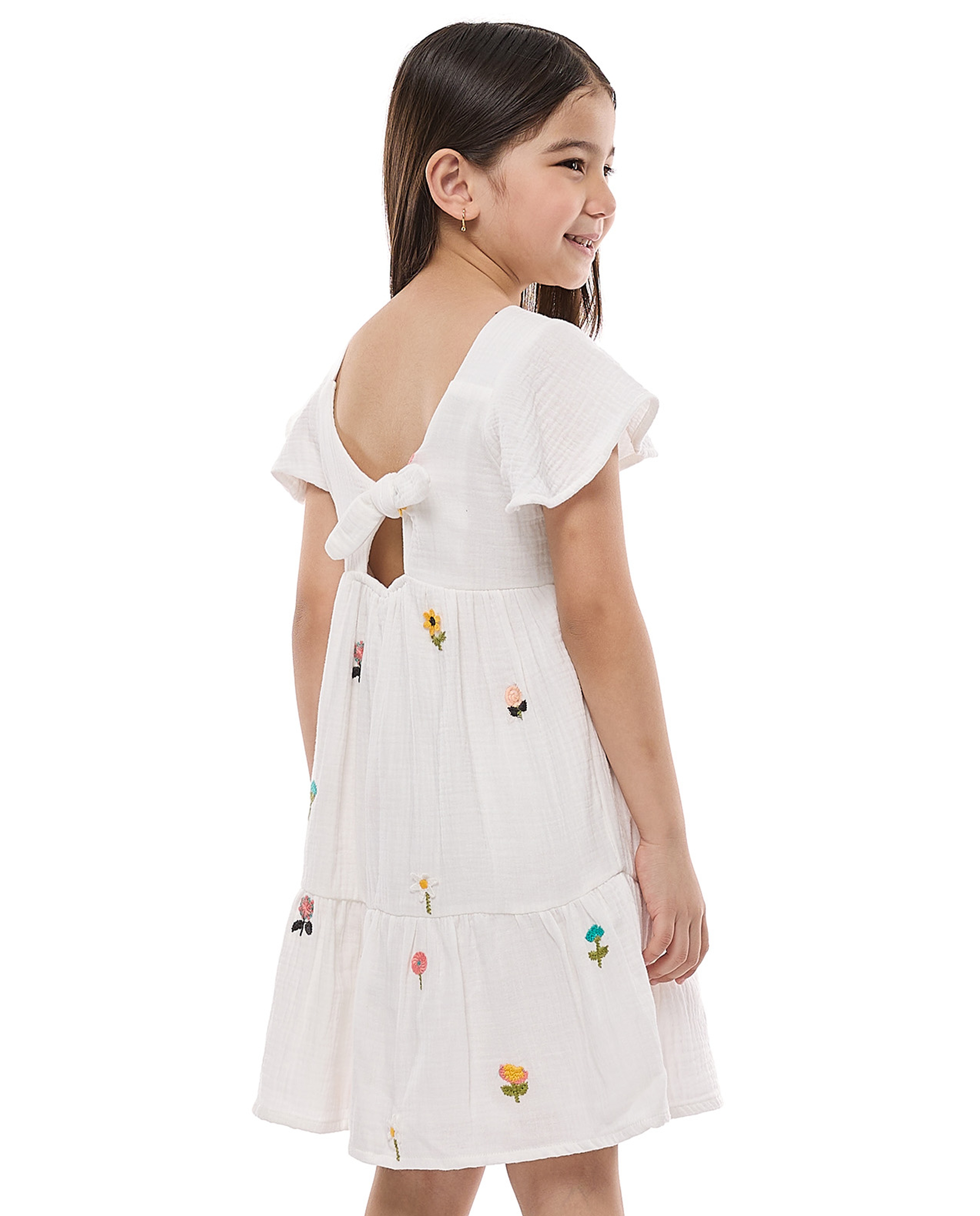 Embroidered Tiered Dress With Crew Neck and Flared Sleeves