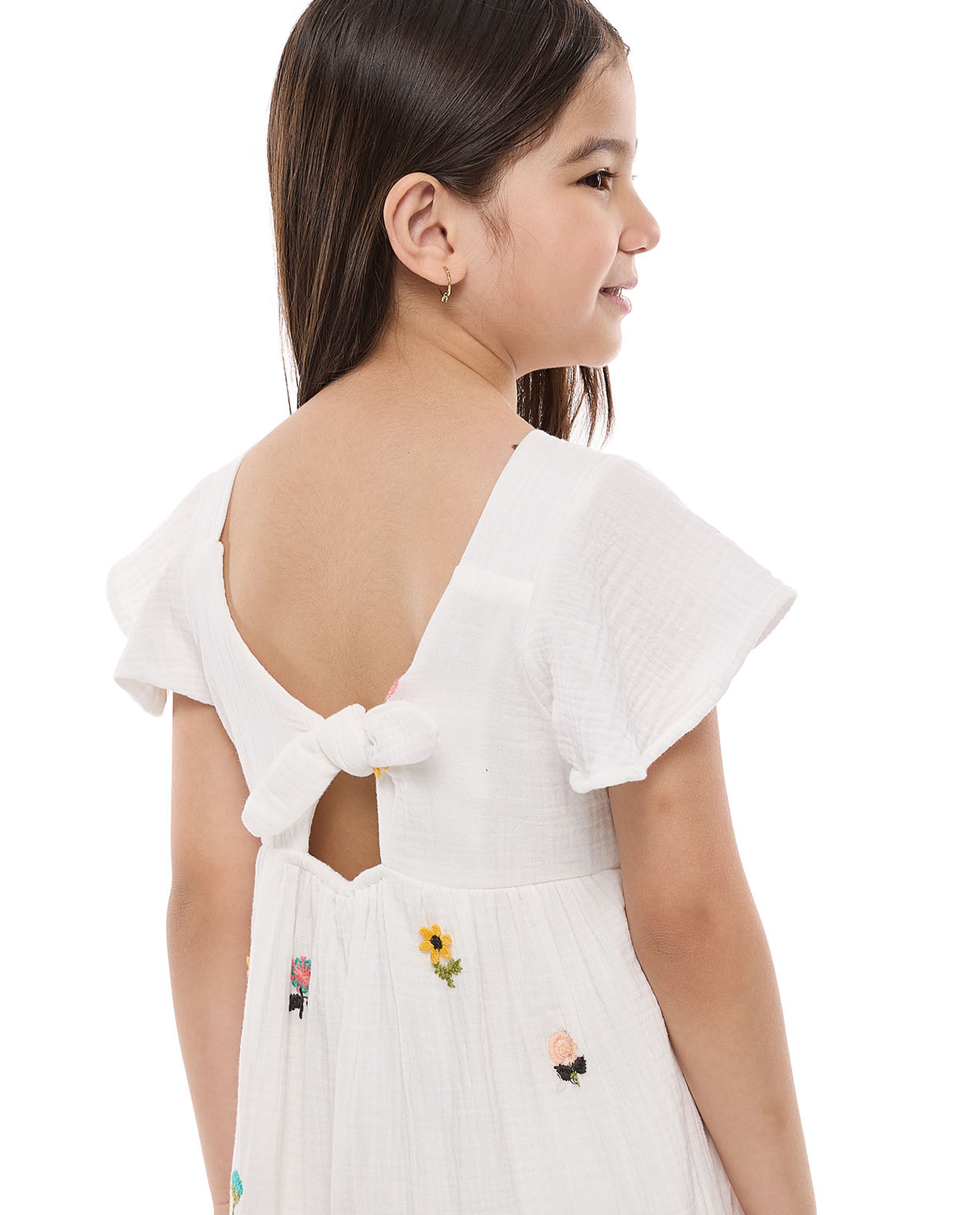 Embroidered Tiered Dress With Crew Neck and Flared Sleeves