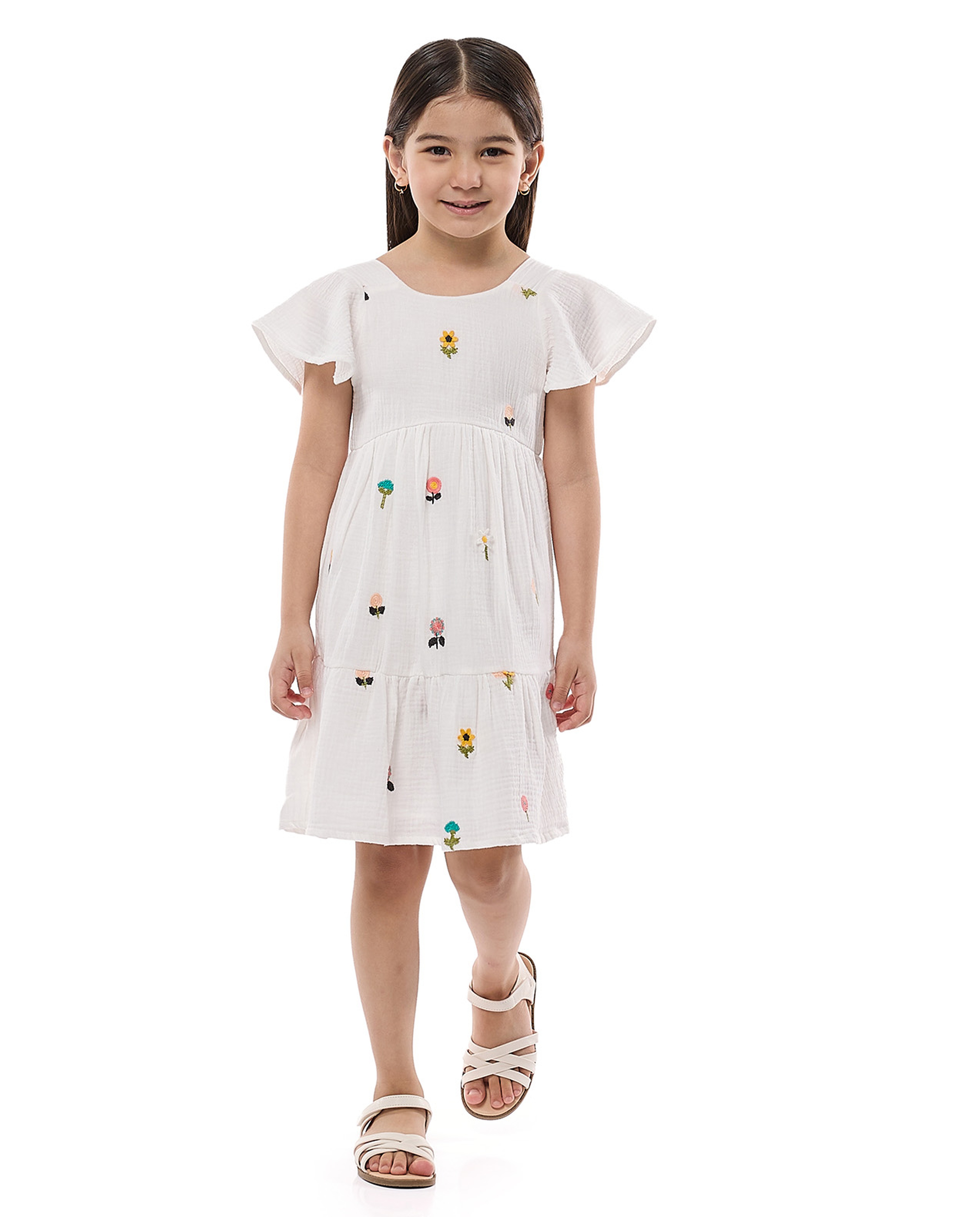 Embroidered Tiered Dress With Crew Neck and Flared Sleeves