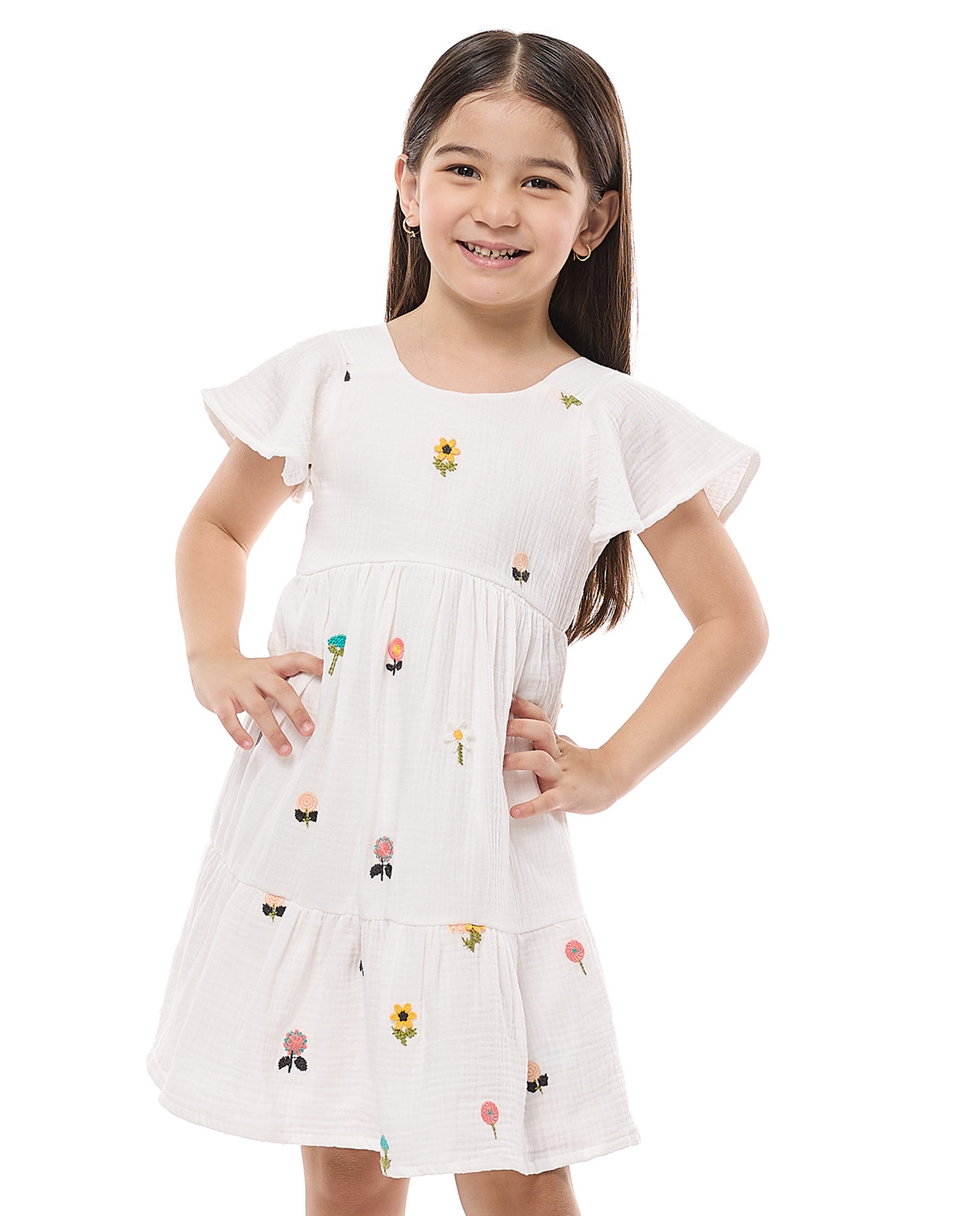 Embroidered Tiered Dress With Crew Neck and Flared Sleeves
