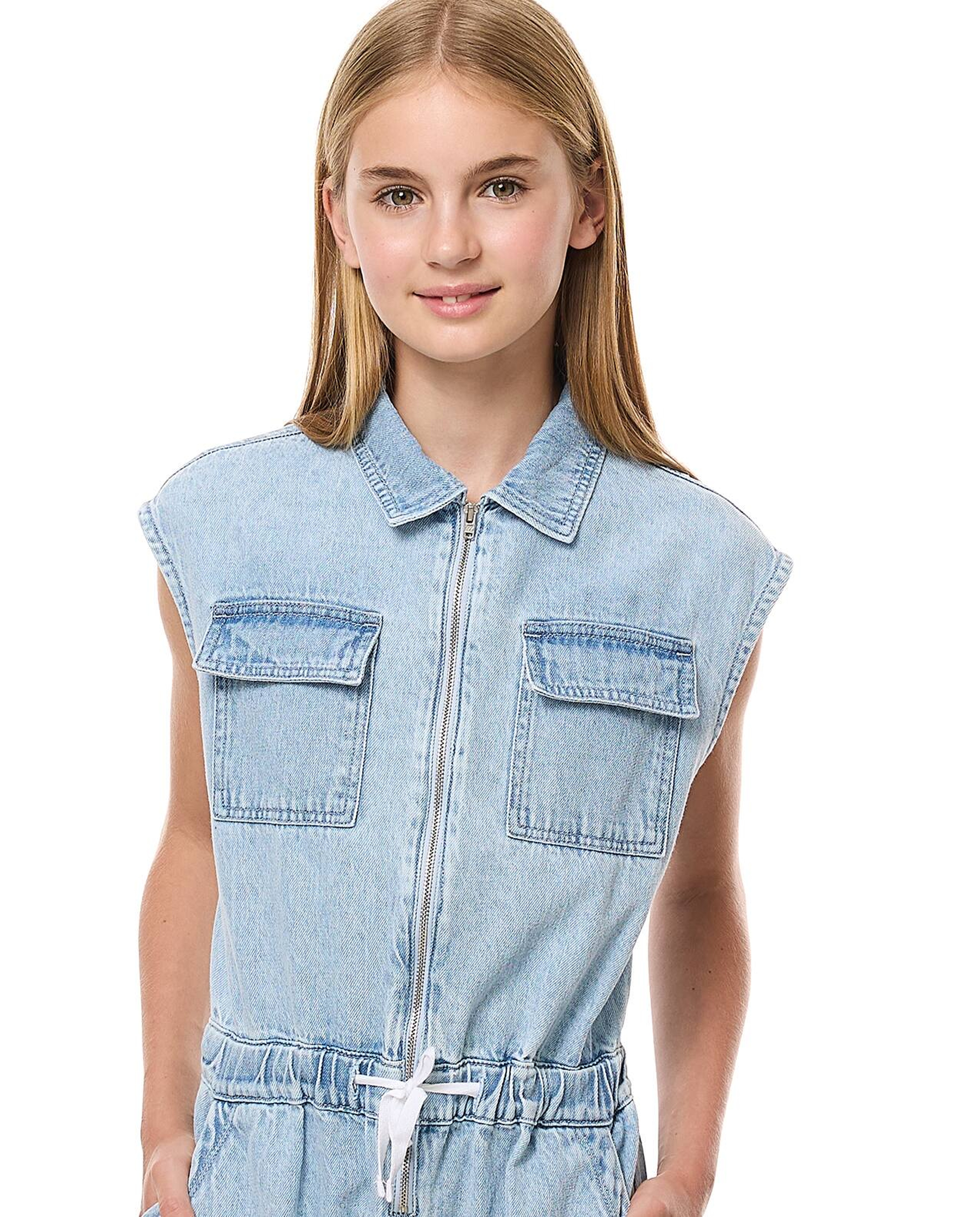 Zippered Denim Playsuit with Classic Collar