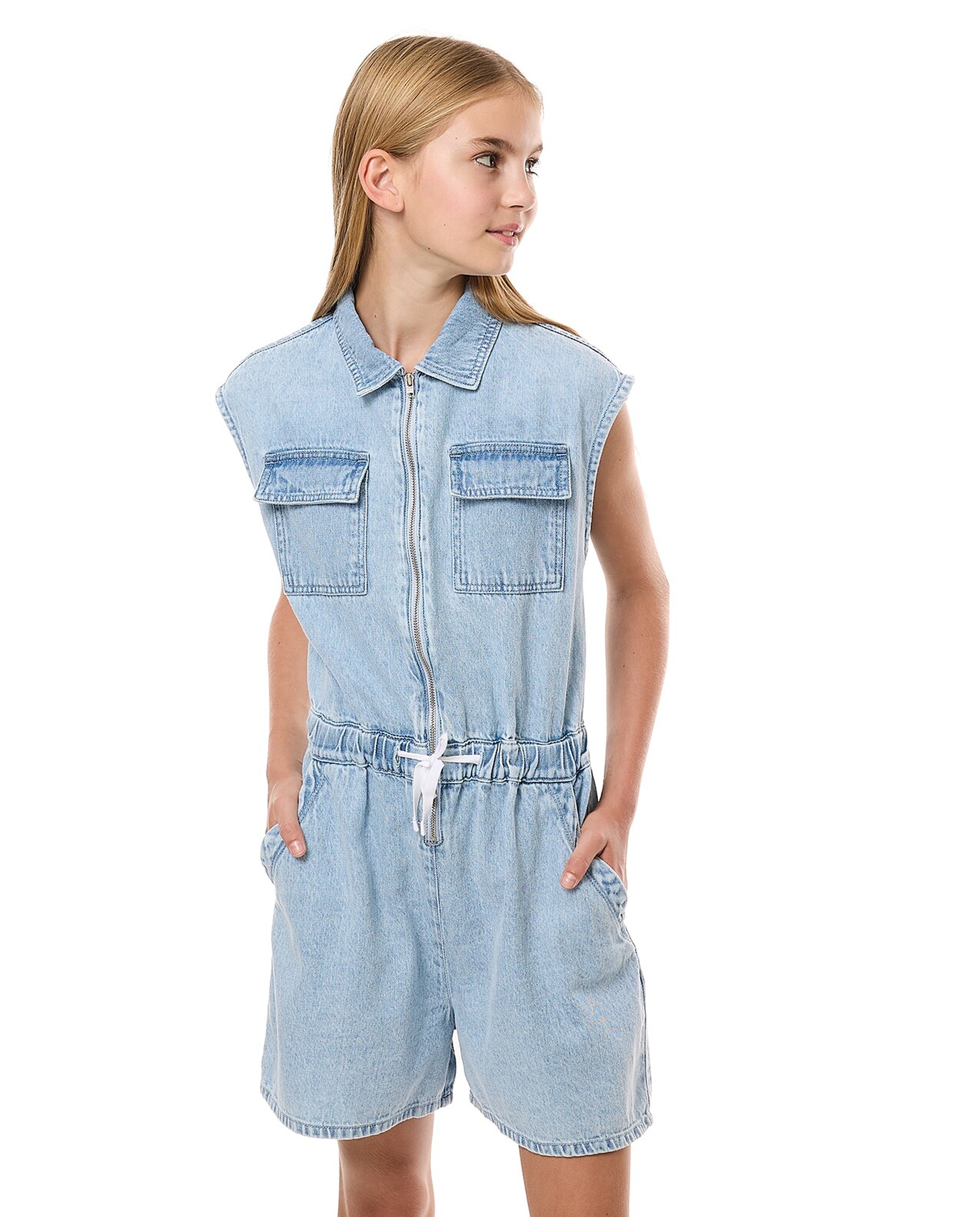 Zippered Denim Playsuit with Classic Collar