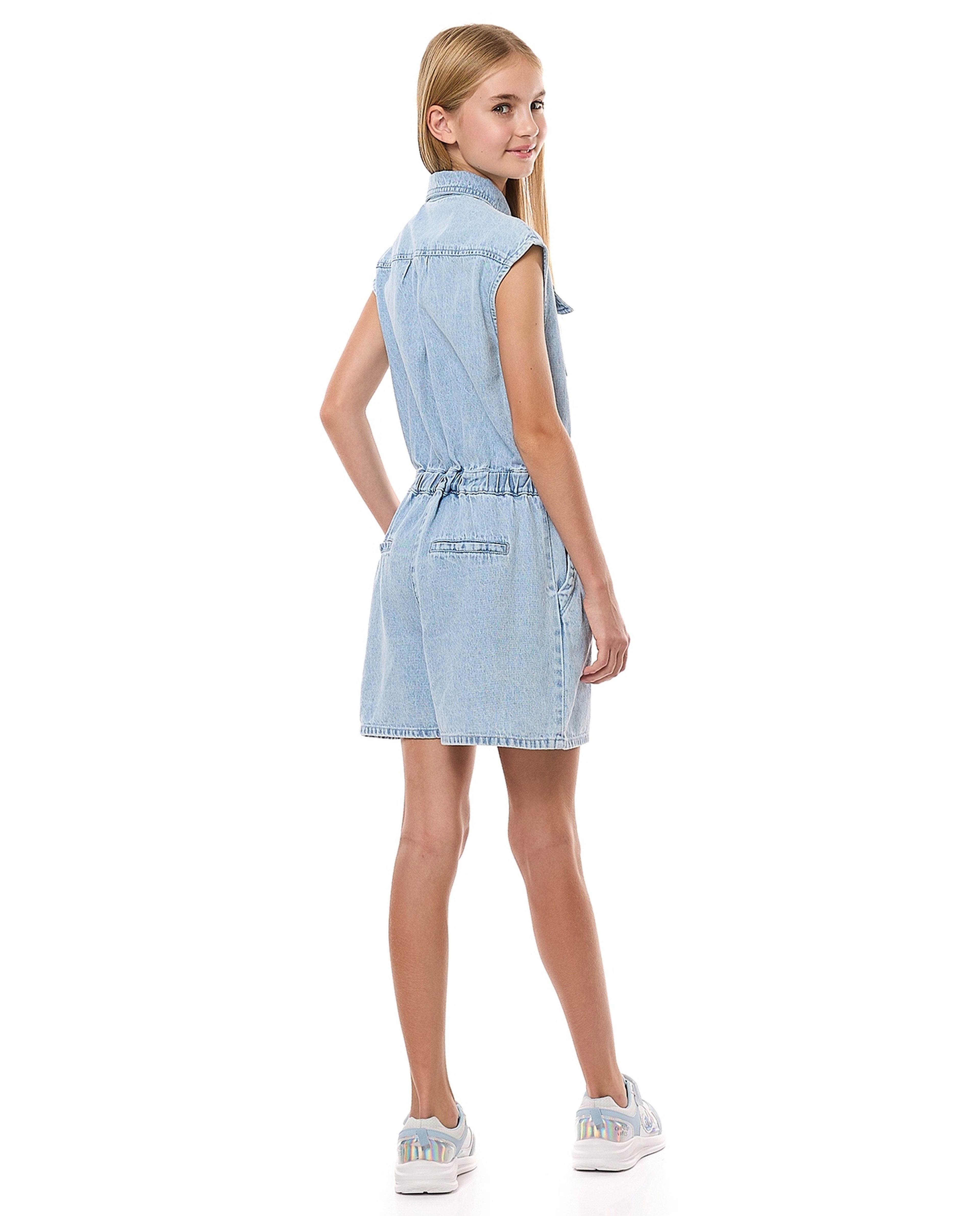 Zippered Denim Playsuit with Classic Collar