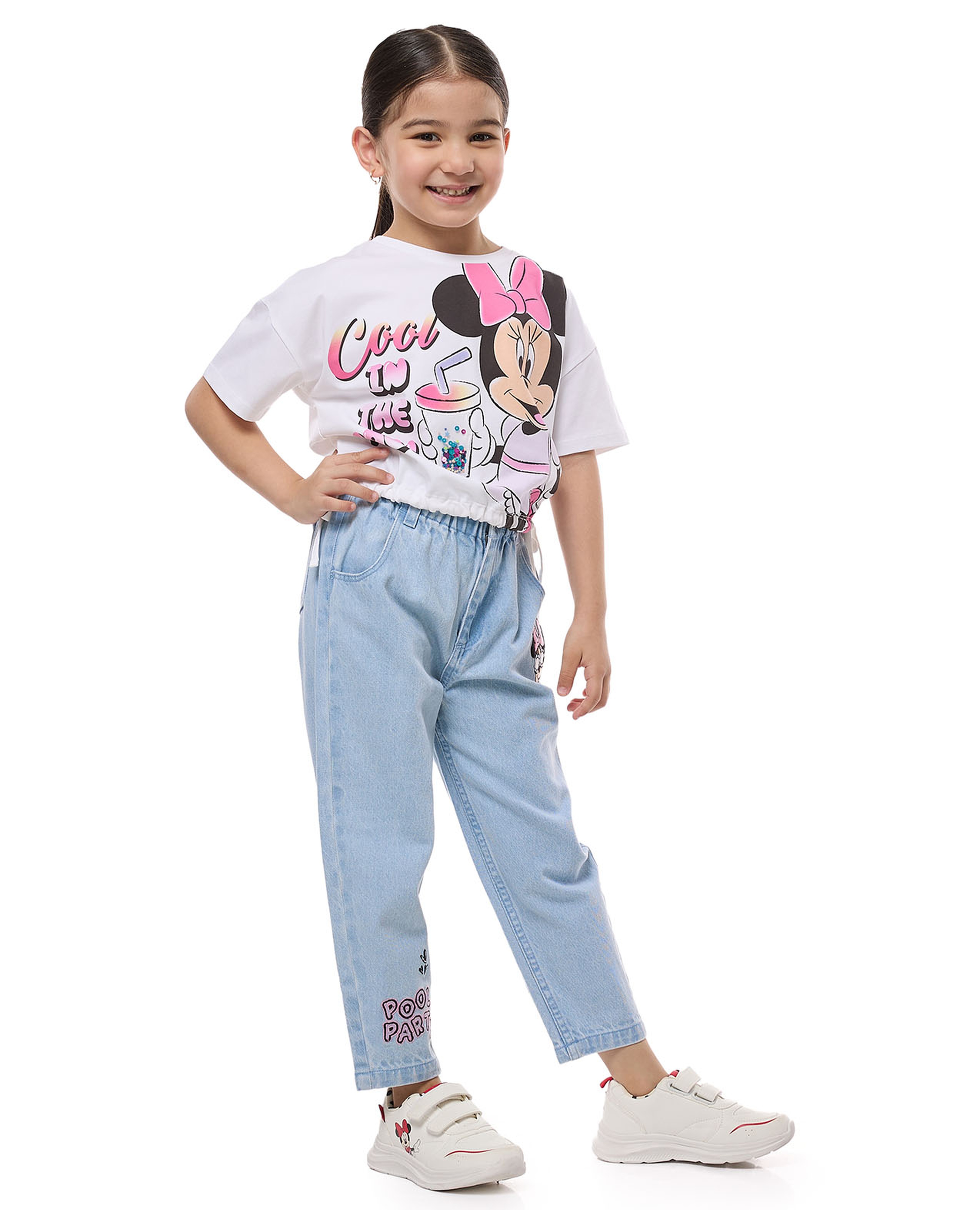 Daisy Duck Embroidered Tapered Jeans With Elastic Waist