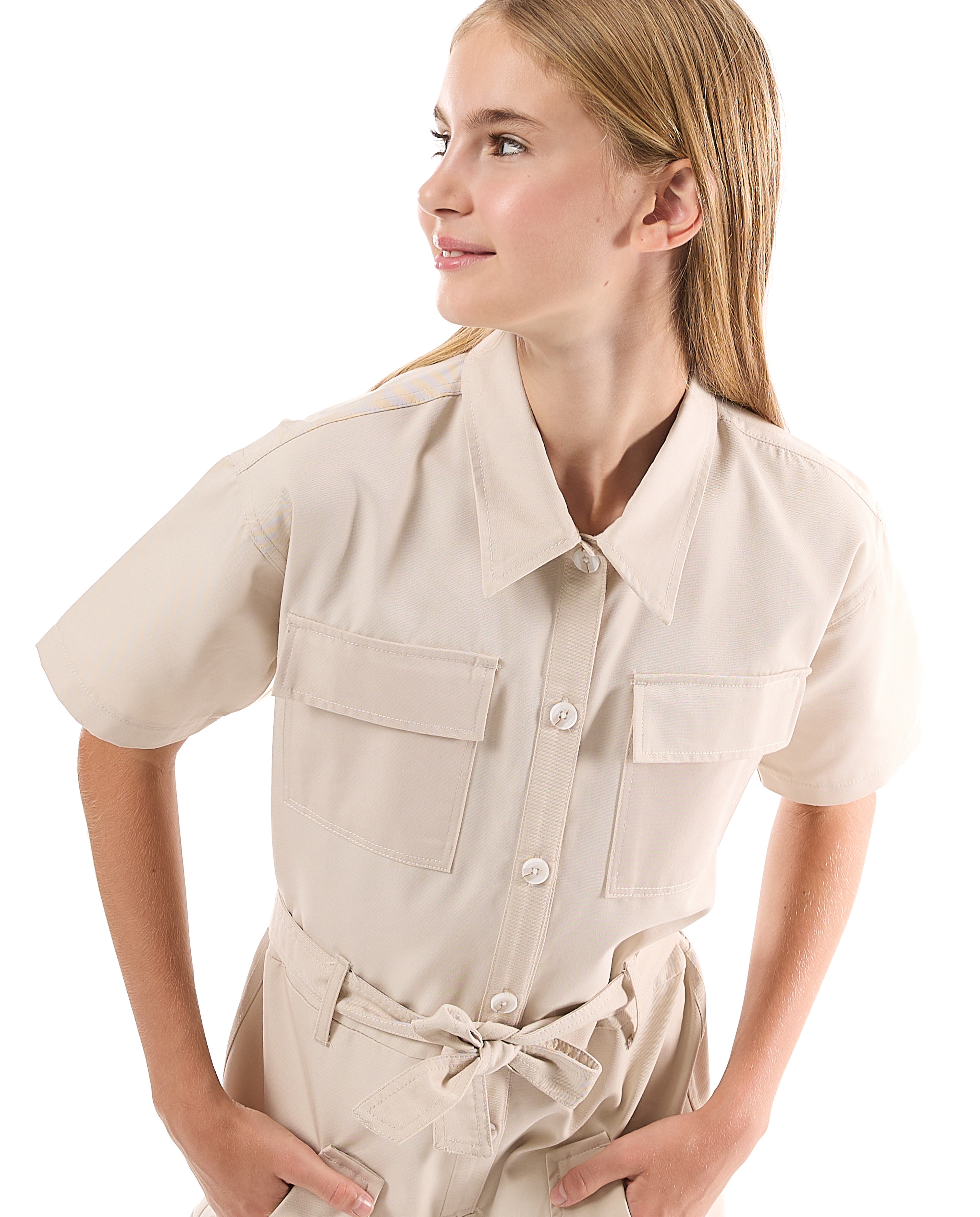 Pocket Detail Jumpsuit with Classic Collar and Short Sleeves